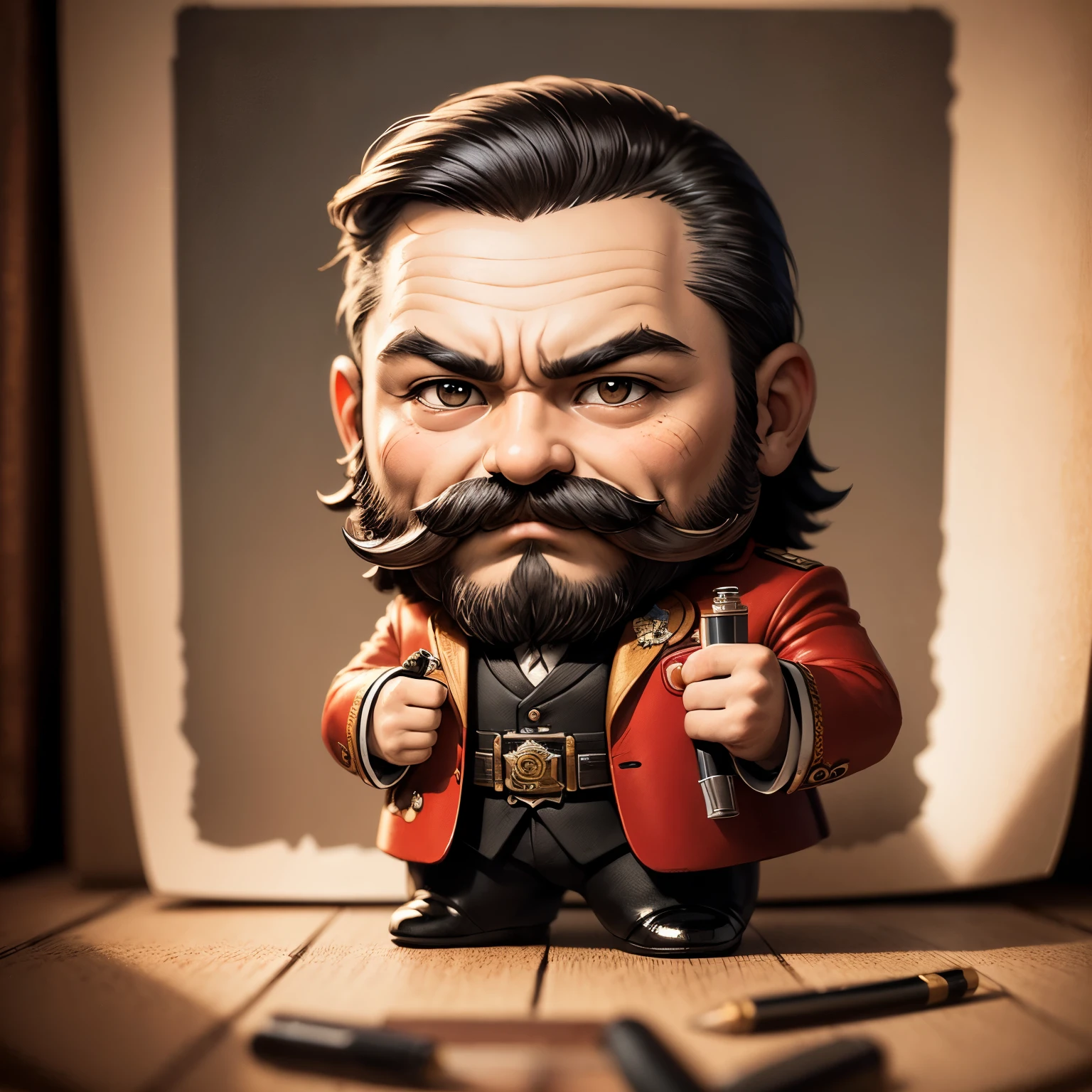 ​masterpiece、top-quality、ultra-detailliert、(Chibi character wanted criminal:1.2)cigarette card, detailed portrait, Vintage Illustration, hight resolution, Realistic colors, Complex drawing, Old textures, Vibrant colors, Dramatic Lighting, Full body shot, Gunman of the sunset, nothing but a mustache,wanted poster