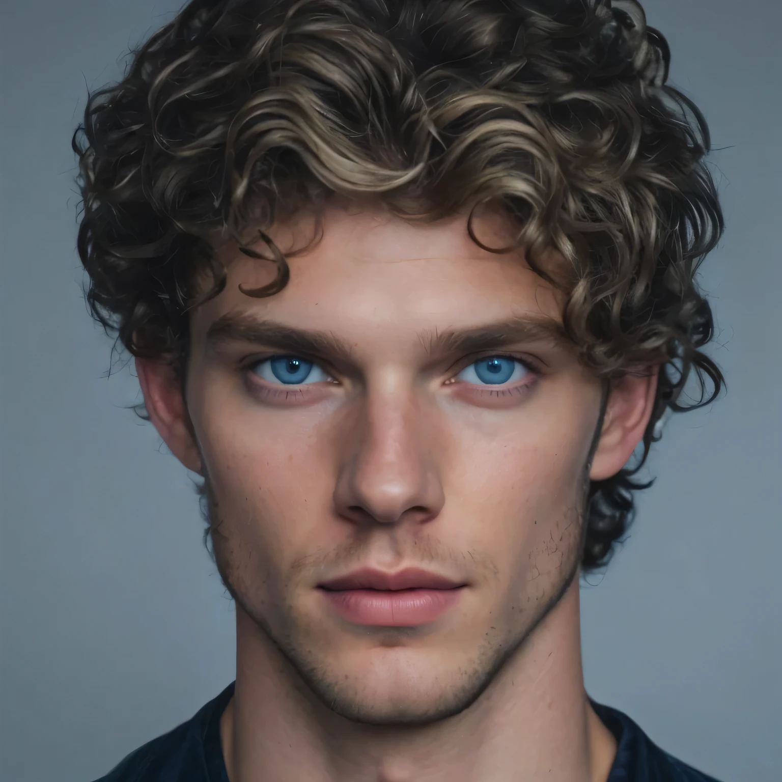 Man with curly hair and blue eyes, Looking at the camera, color portrait, High Quality Portrait, Blue-eyed man, detailed color portrait, Ultra-realistic digital painting, hyperrealistic digital painting, realistic digital painting, fantasy male portrait, hyperrealistic digital painting, photorealistic digital painting, Highly detailed portrait, Ultra-realistic portrait, Ultra-detailed portrait, with blue eyes