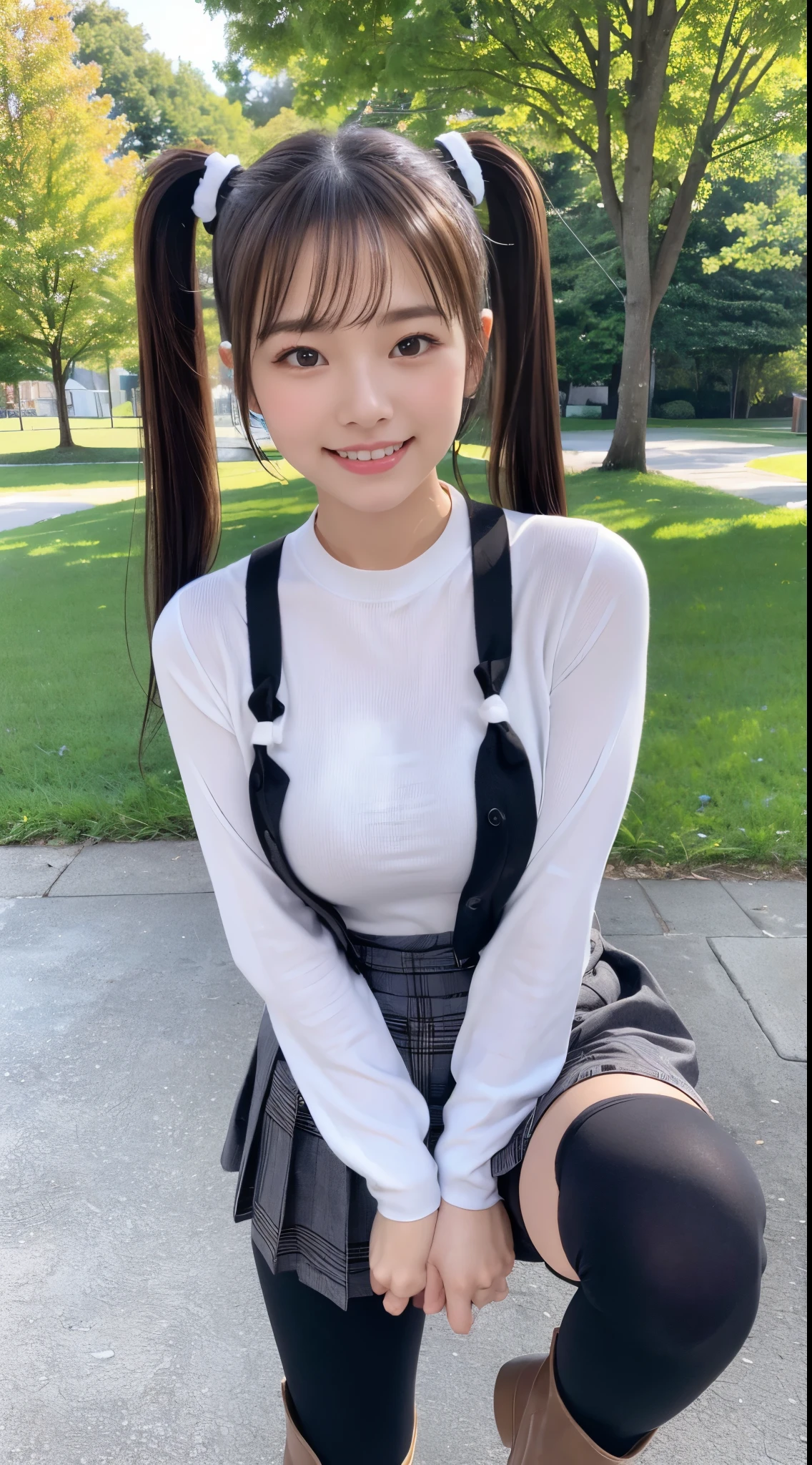 (High quality, High resolution, Ultra-detailed, Realistic:1.37), (Full Body Pose)、(Photographing one girl in its entirety)、peaceful ambiance, (plein air, a park)、 ((large twin tails、Scrunchie))、18 year old high school girl standing alone、small tits, Beautiful detailed features, Cute smile, (A dark-haired), (brown casual outfit), (Plaid mini skirt), (Black tights)、(tight round boots)、Stretching one leg