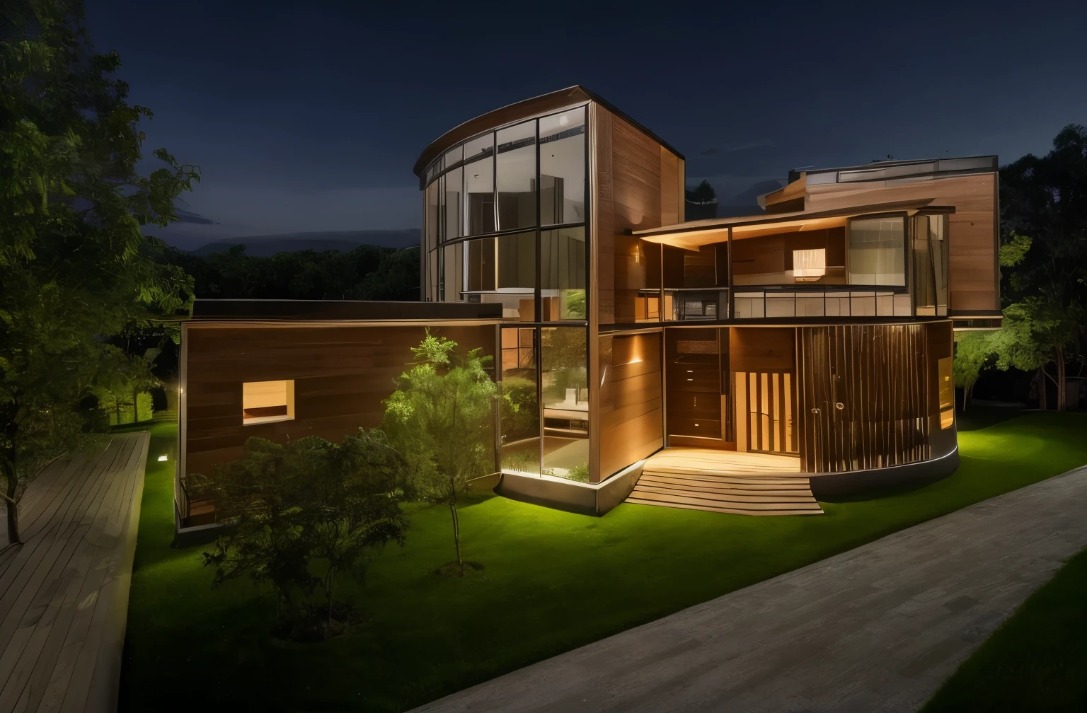 villa modern , luxury, natural, beautiful night, grass, glass, wood, brick