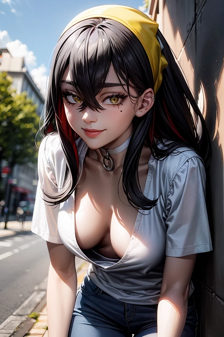 1woman, leaning forward, winking, , smiling, looking at viewer, centered, choker, pokemoncarmine, mole under eye, hairband, , piercing eyes, (downblouse, loose t-shirt), medium breasts, masterpiece, intricate, realistic, cute face, sharp focus, award winning photograph, (white shirt:1.2),