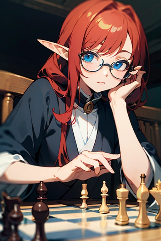 ((best quality)), ((master part)), (circunstanciado), rosto perfeito, anime girl, play chess, nerd, Glasses, redhead, blue eyes, elves