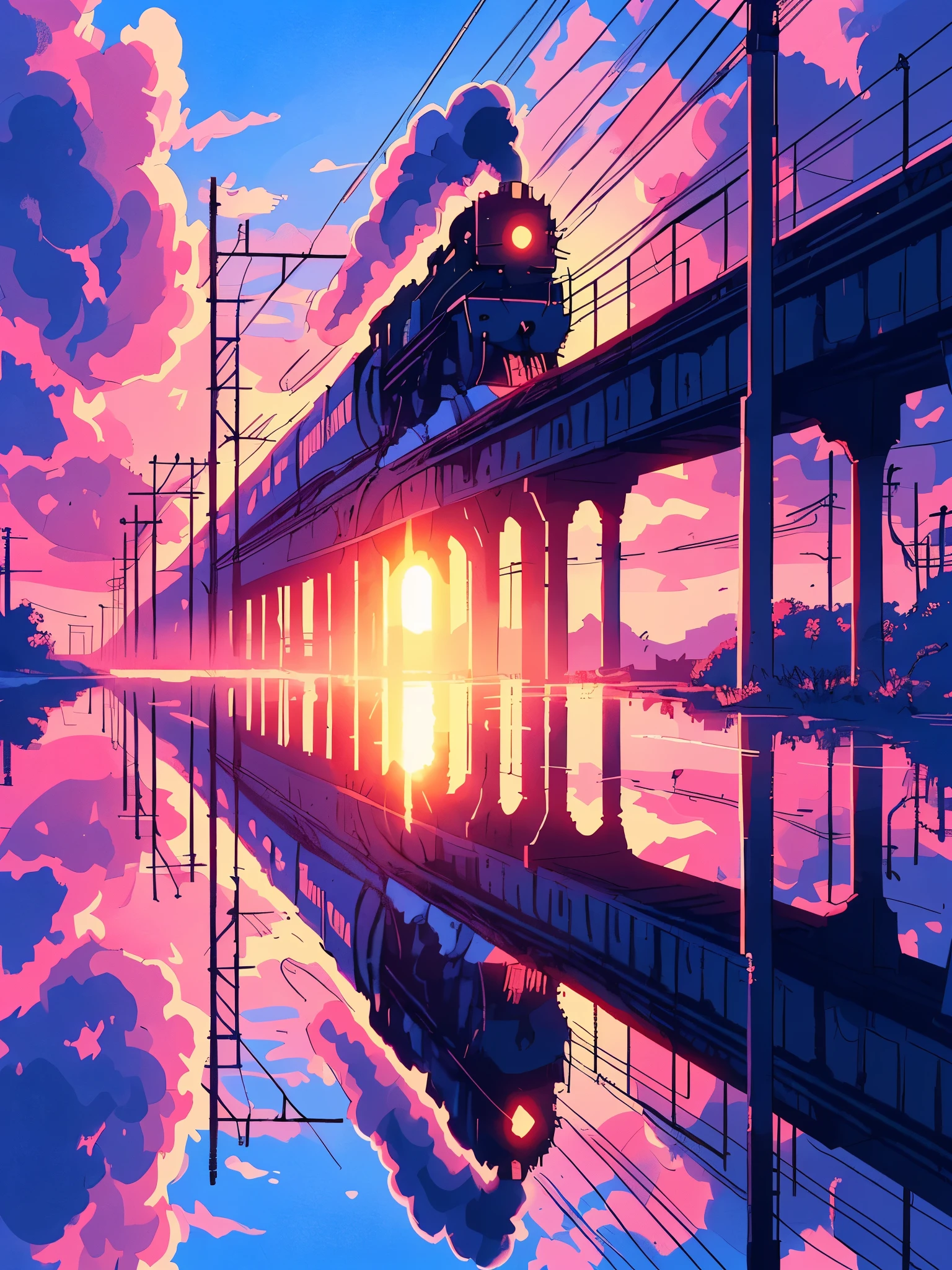 Draw anime lofi scene of sillhouette of a train passing from a bridge above a river, reflection, pink and blue magnificent wide open sky. sunset, ambient light, vibrant colors, peaceful, natural color tones, cloudy sky, beautiful color palette, vibrant saturated colors, masterpiece, no human