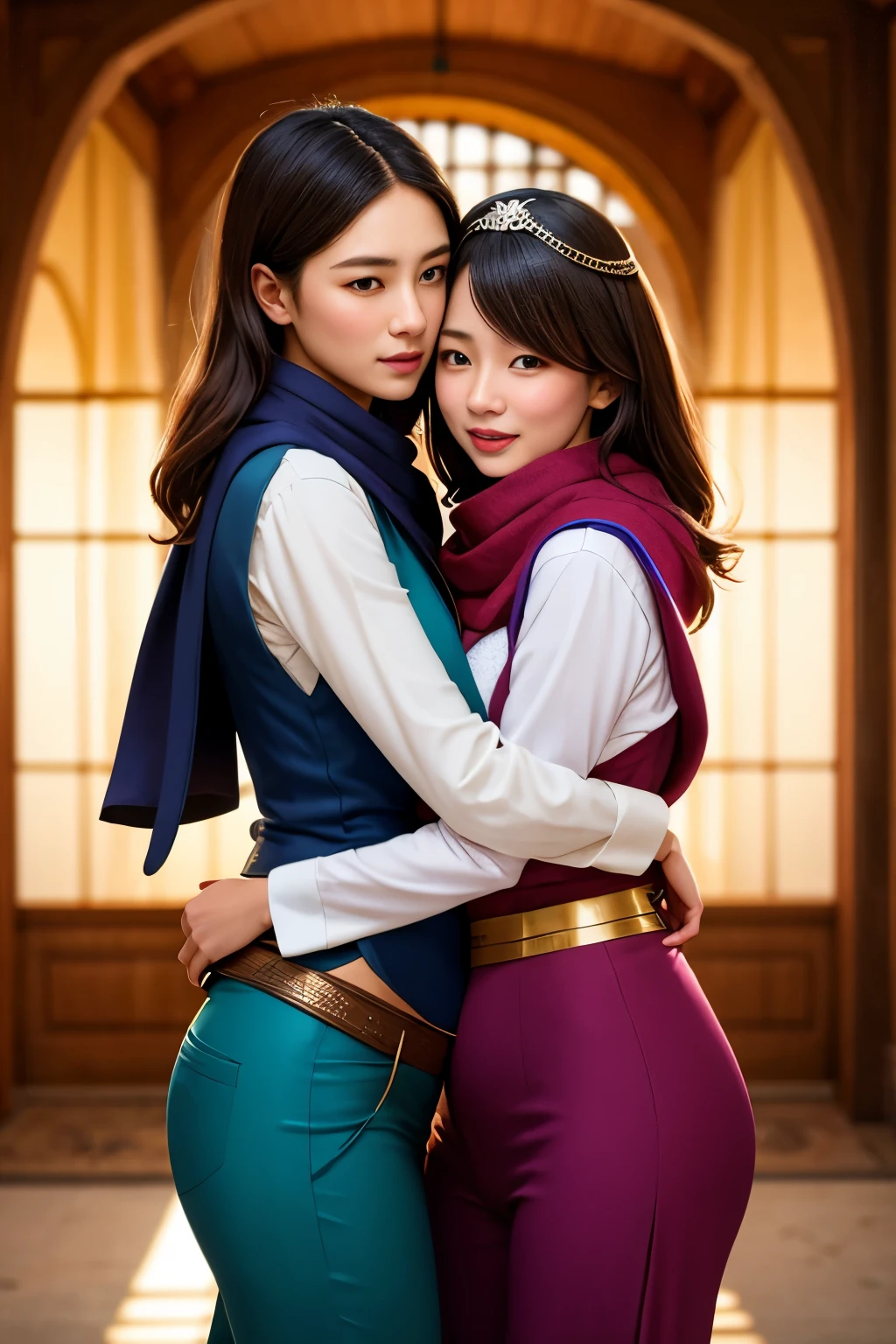 two female oen soldiers with colorful robes, trousers, vests, scarves, and headgear, along with traditional Ottoman armor and weapons. there have just two soldiers and they are looking streight,Hug and touch each other, Tease a friend's belly, Tease a friend's buttocks, Blushing friend, Biting a friend's earlobe, Hug each other from behind, Touch your friend's breast from below,