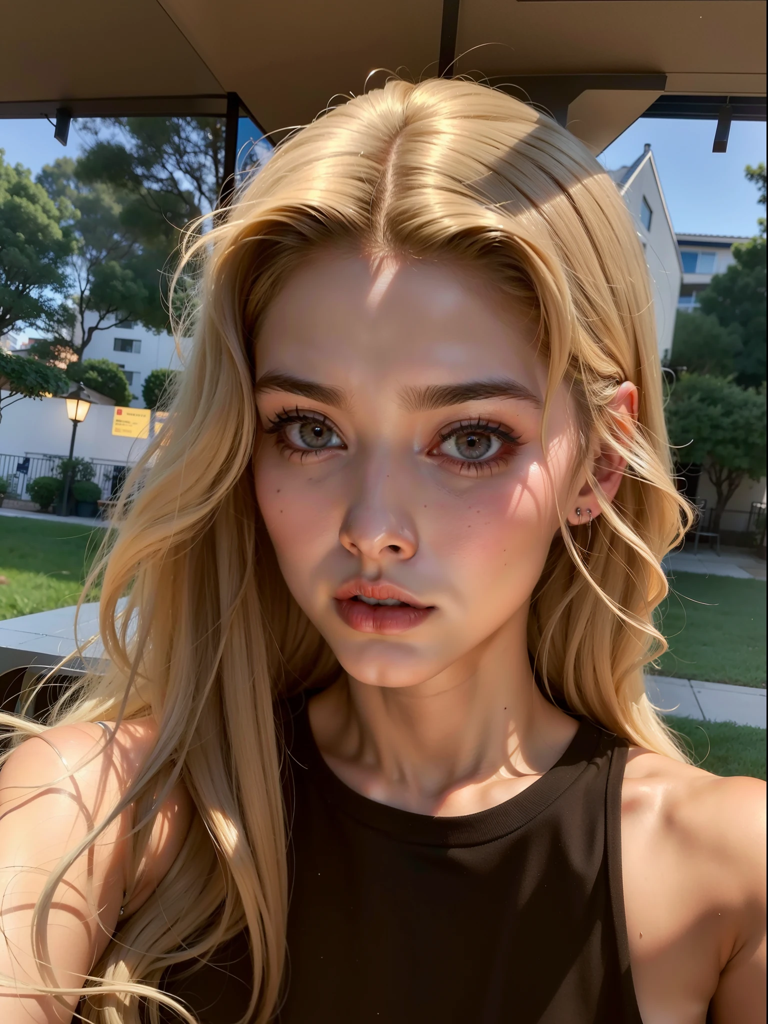 um close up de uma mulher com longos cabelos loiros e um top preto, 18 anos, 19-year-old girl, foto de perfil headshot, 1 6 anos, linda Delphine, Anna Nikonova aka Newmilky, rosto perfeito ), cara muito bonita, Taran Dasha, Lalisa Manobal, 1 8 I