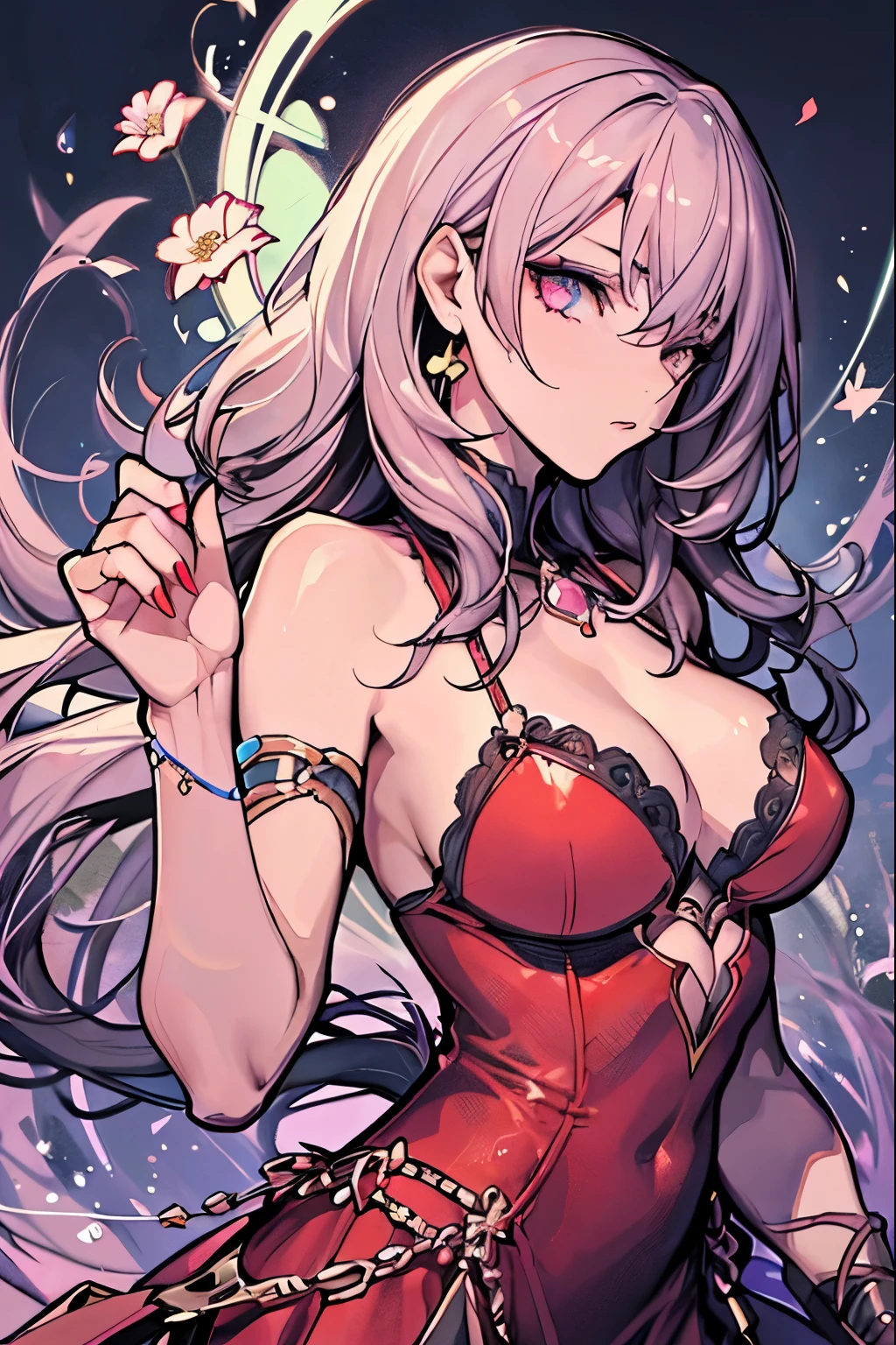 (8K, Best Quality, masutepiece:1.2), 1girl in, Beautuful Women, A detailed eye, False lashes, a small nose, red camelia, RED dress, Toned body, large full breasts, Thumb and four fingers, Anatomically correct fingers, detail portrayal, Lustrous skin,