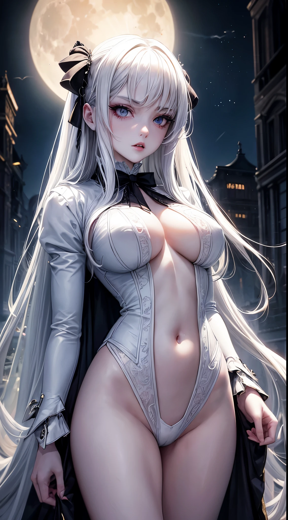masterpiece, highest quality, (solo focus), (perfect face:1.1), (high detail:1.1),dramatic, 1girl, (pale skin), long white hair, white eyes, solo, long hair, moon, night, white luxury suit, vampire, covered navel, pouty lips, covered, victorian city, detailed background, gothic renaissance, cinematic lighting,