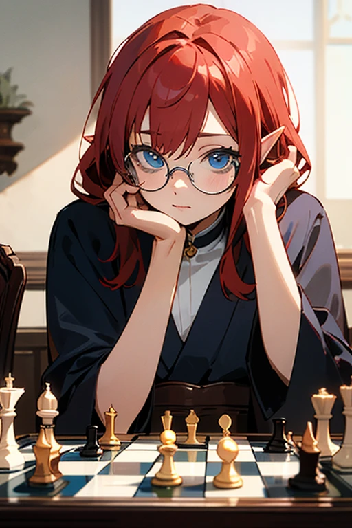((best quality)), ((master part)), (circunstanciado), rosto perfeito, anime girl, play chess, nerd, Glasses, redhead, blue eyes, elves