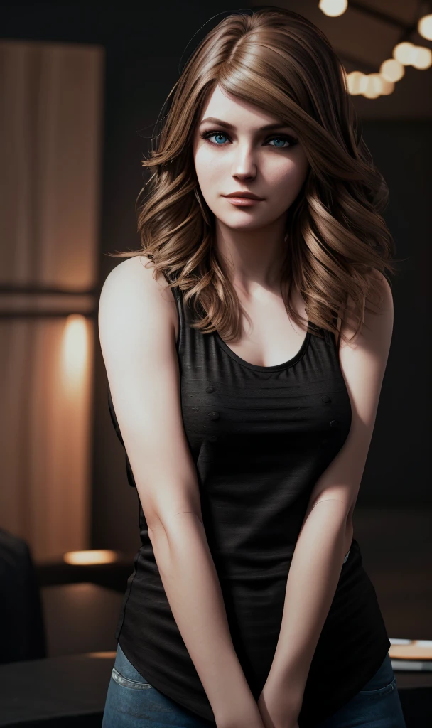 portrait, closeup of eyes, Katedbdl2023, black tank top, 1girl, 8k, uhd, trending on arstation, best quality, masterpiece, wavy hair, skin pores, modelshoot, cinematic lighting, dramatic scene, face portrait, headshot, photorealistic, long hair
