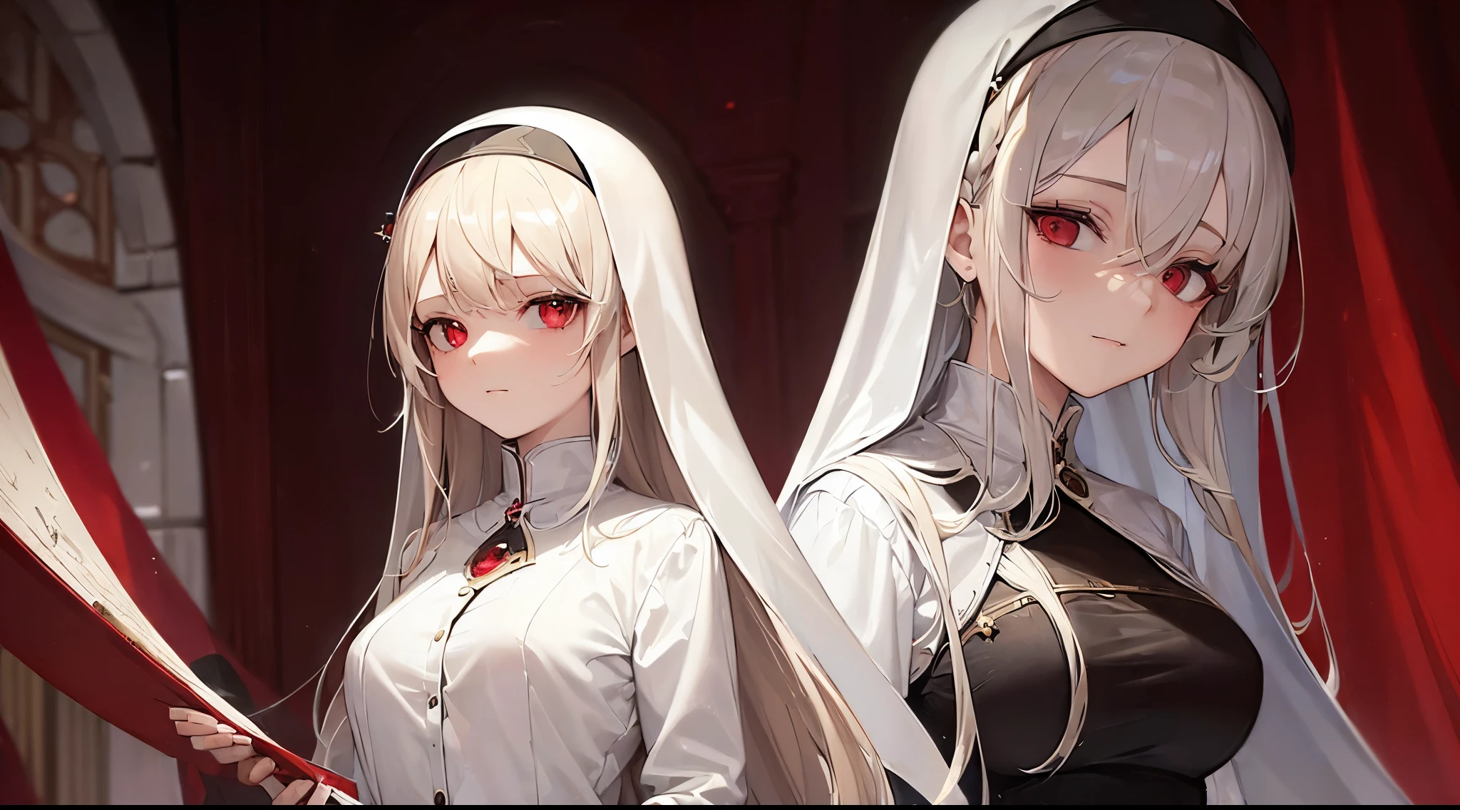 ((Masterpieces: 1.4)), high quality, 1girl, (platinum blonde hair: 1.2) with red eyes young girl with hair ornament and nun outfit in the middle of dark colored room filled with old topaz sanctuary, elegant, smooth, mature, smug face, cute, nun