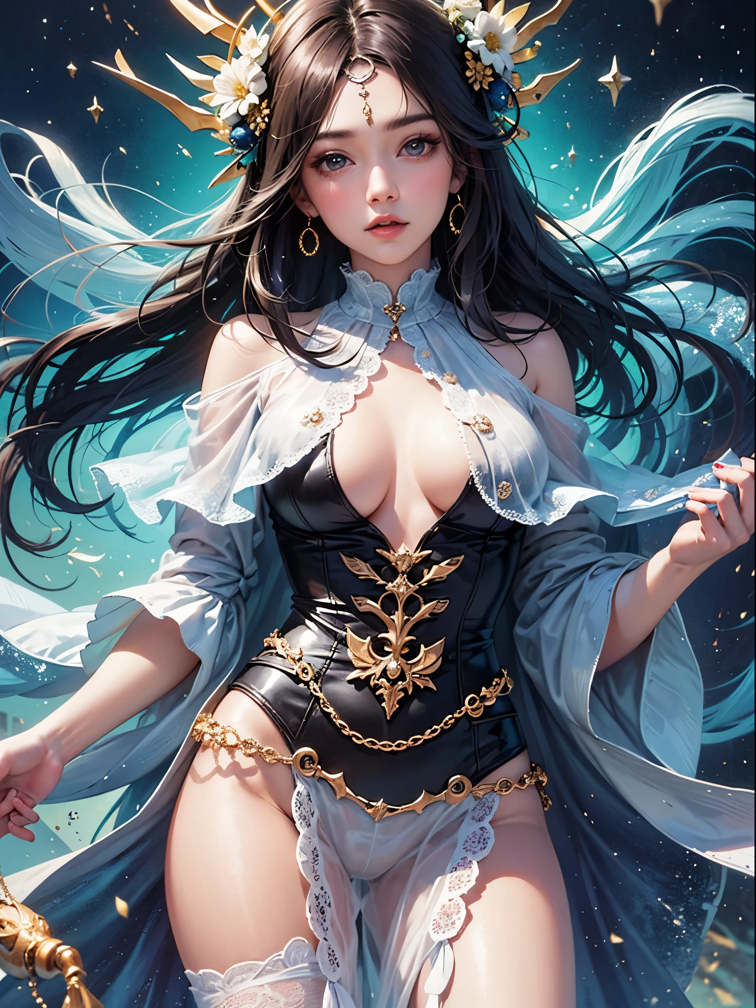 art, Unity 8k壁纸, Ultra-detailed, Beautiful and aesthetically pleasing, (s fractal art: 1.3),  flower, girls, (Hairstyles: Long hair) Ocean, Extremely detailed, Cowboy shot, The most beautiful, Seafoam, Buble, cute big breasts, ultra quality, random background, random dress, --auto --s2