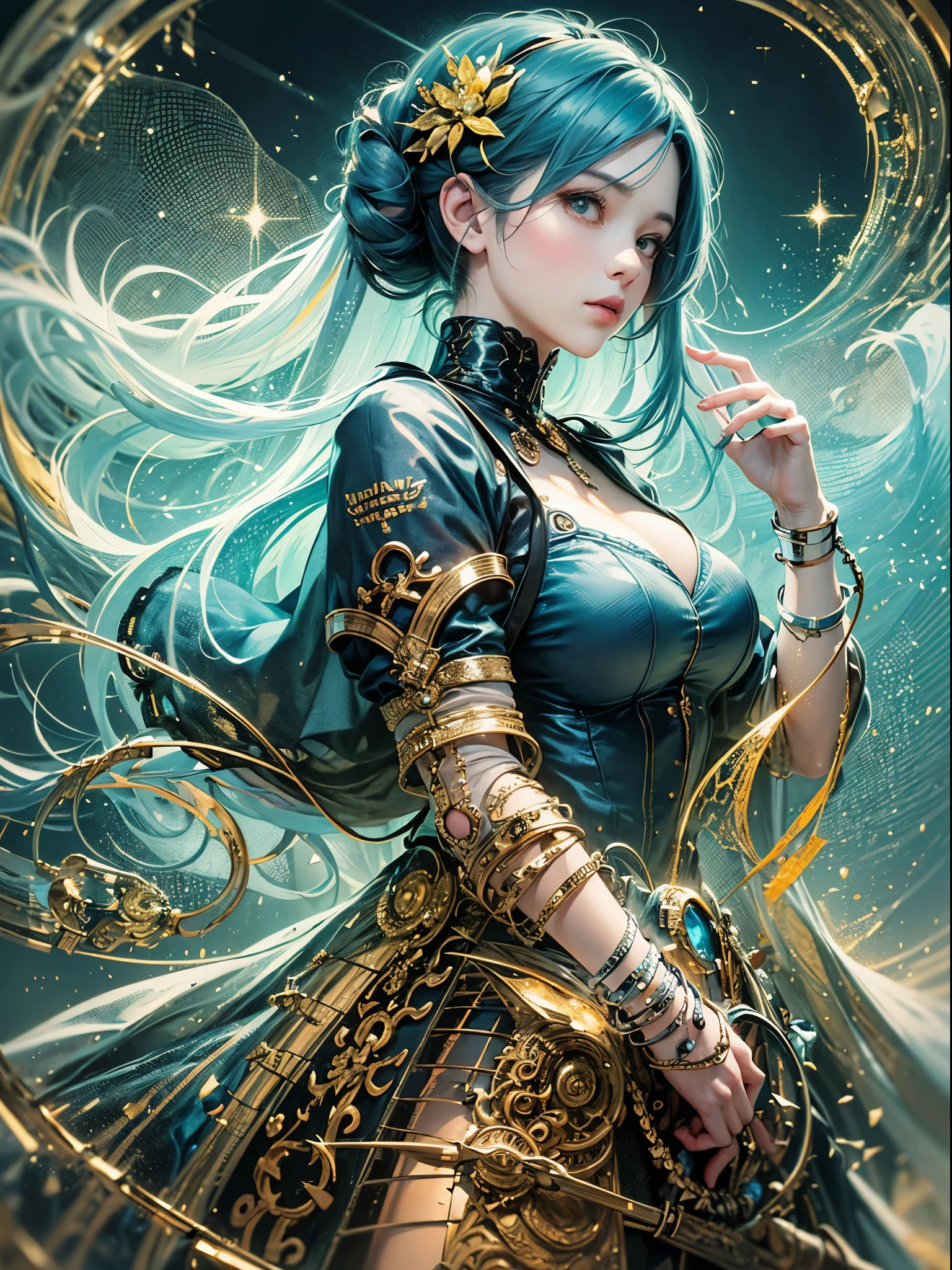 (masutepiece, of the highest quality, Best Quality, Official art, Beautiful and aesthetic:1.2), (1girl in), ighly detailed,(Fractal Art:1.3),Colorful,highest details, she has white hair and blue eyes, She has a magic wand,girl in the center of the photo, she is wearing a golden luxurious dress