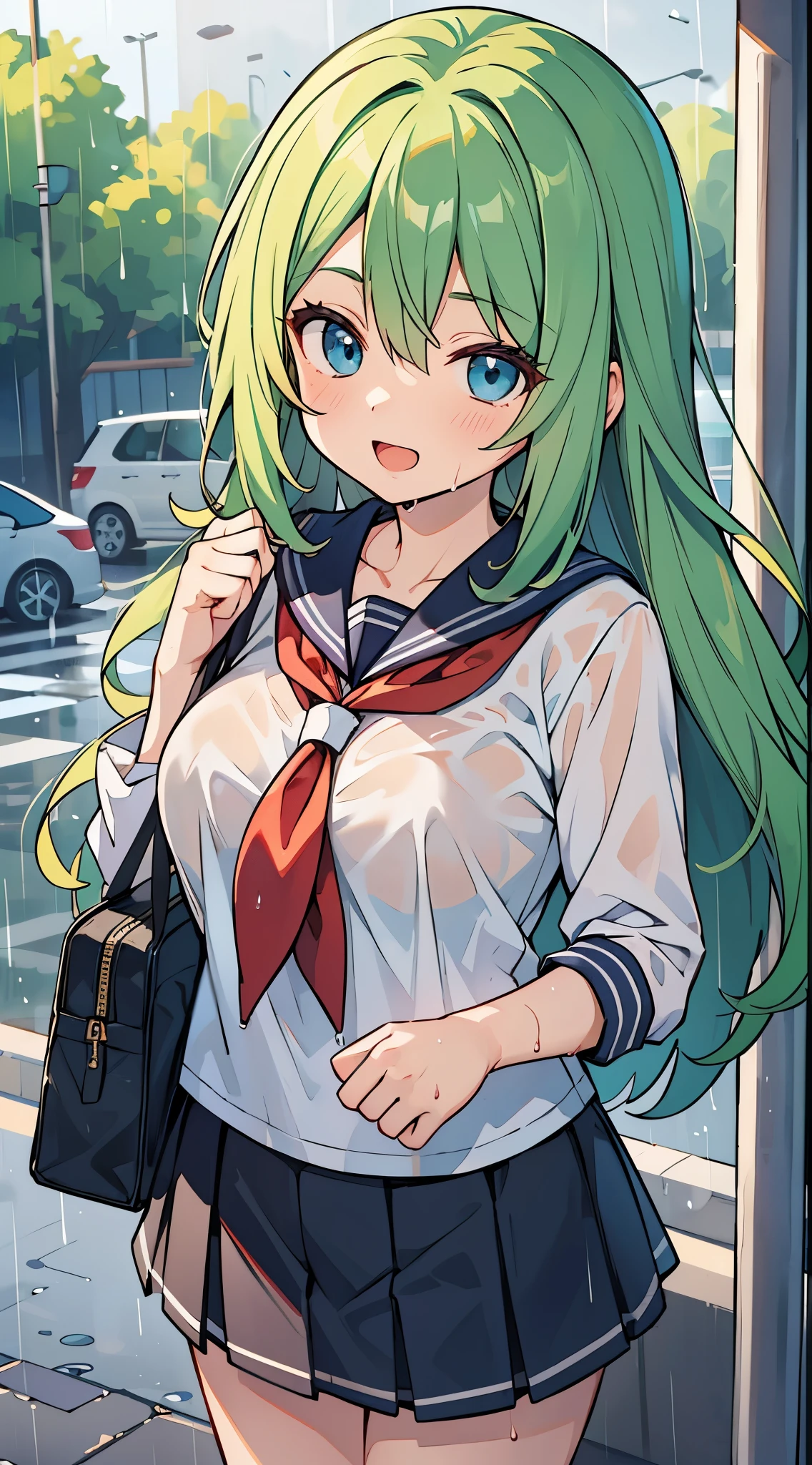 ((Pretty High School girl with green hair and blue eyes)), ((wearing wet Sailor suit and black skirt)), Loli face, ((master piece, top-quality, ultra-definition, high resolution)), anime girl, ((ultra-detailed illust:1.2)), only one person, bangs, hair between eye, beautiful hair, Shiny eyes,  Medium breasts, Big smile, opened mouth, At the bus stop, ((rainy outside))