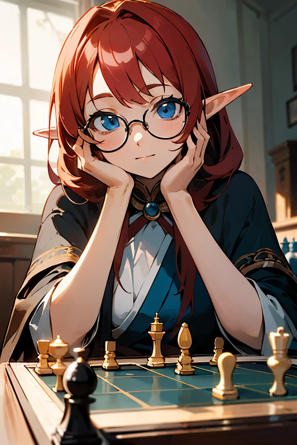 ((best quality)), ((master part)), (circunstanciado), rosto perfeito, anime girl, play chess, nerd, Glasses, redhead, blue eyes, elves