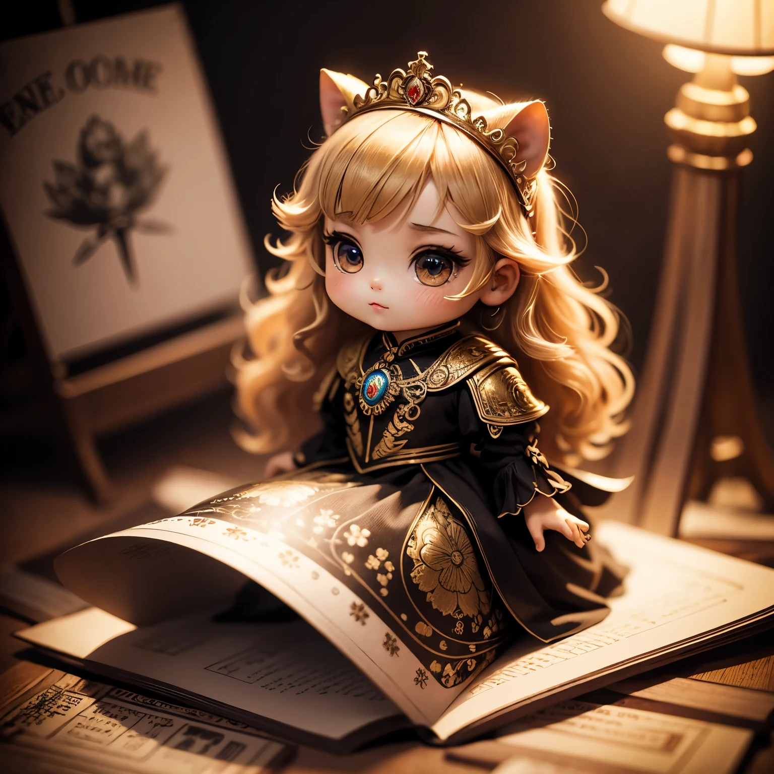 ​masterpiece、top-quality、ultra-detailliert、(chibi character princess:1.2)cigarette card, detailed portrait, Vintage Illustration, hight resolution, Realistic colors, Complex drawing, Old textures, Vibrant colors, Dramatic Lighting, Full body shot, Luxuriously decorated gold-based dress,wanted poster