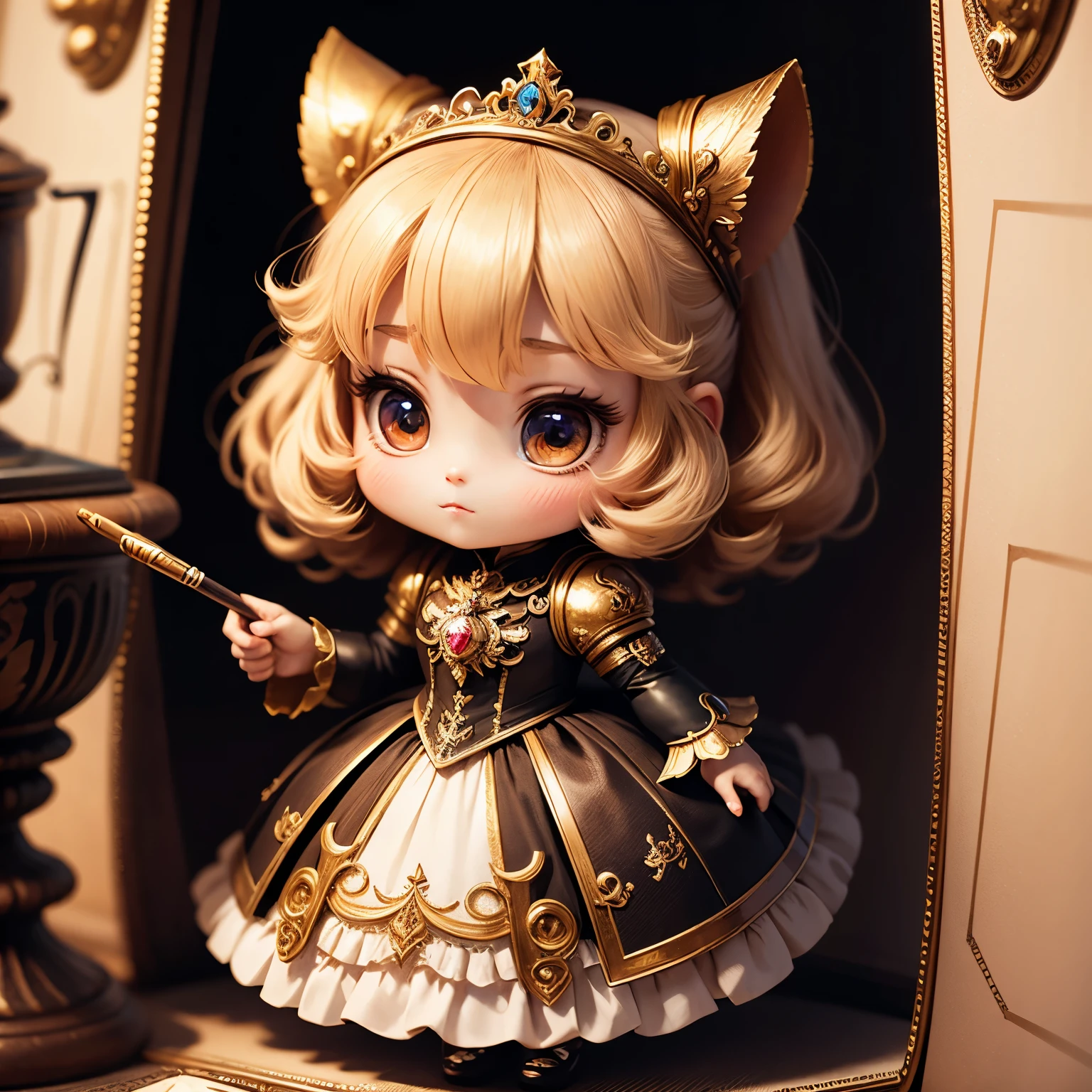 masterpiece、top-quality、ultra-detailliert、(chibi character princess:1.2)cigarette card, detailed portrait, Vintage Illustration, hight resolution, Realistic colors, Complex drawing, Old textures, Vibrant colors, Dramatic Lighting, Full body shot, Luxuriously decorated gold-based dress,wanted poster