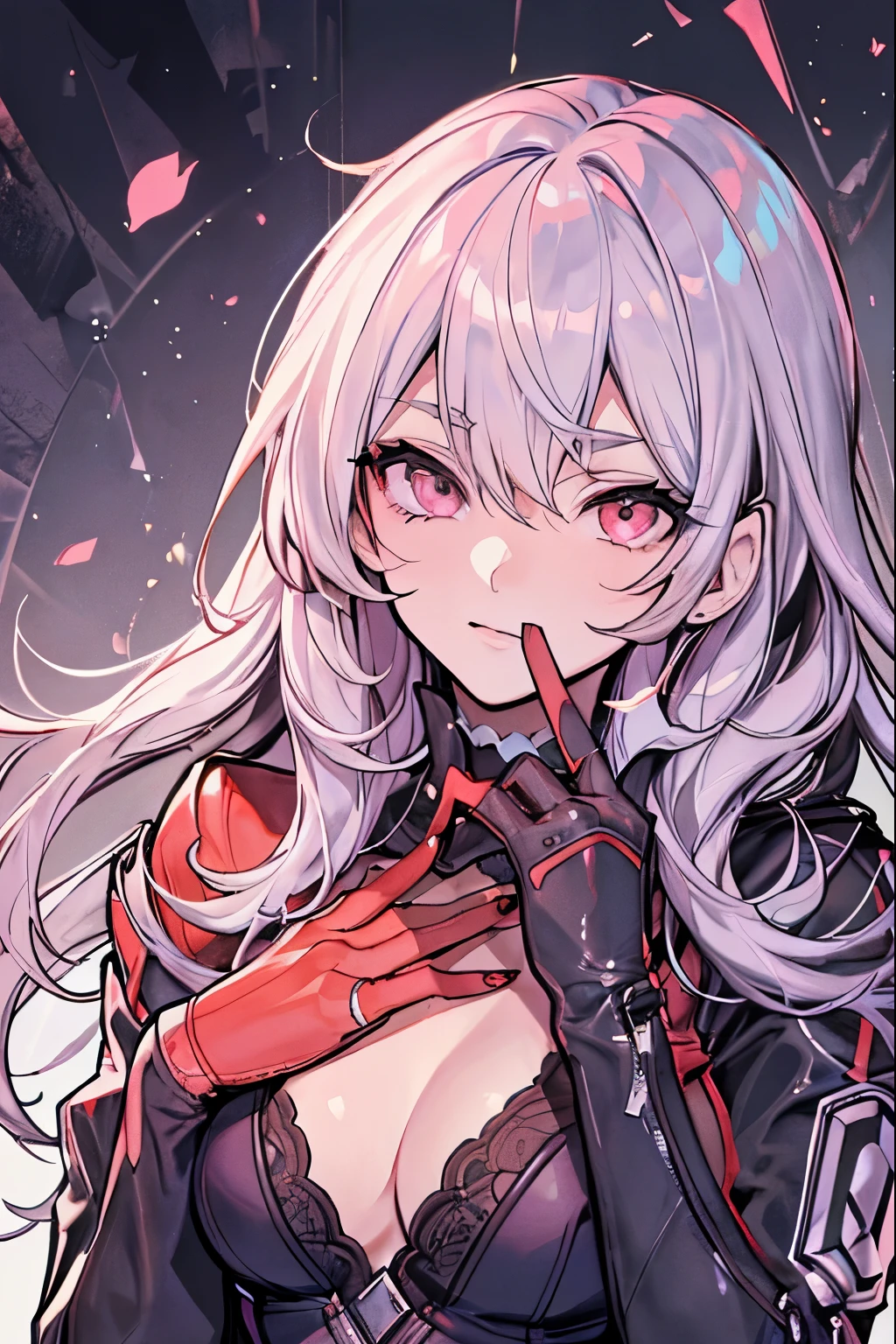 (8K, Best Quality, masutepiece:1.2), 1girl in, Beautuful Women, A detailed eye, False lashes, a small nose, red camelia, RED dress, leather jackets, Toned body, large full breasts, Thumb and four fingers, Anatomically correct fingers, detail portrayal, Lustrous skin,