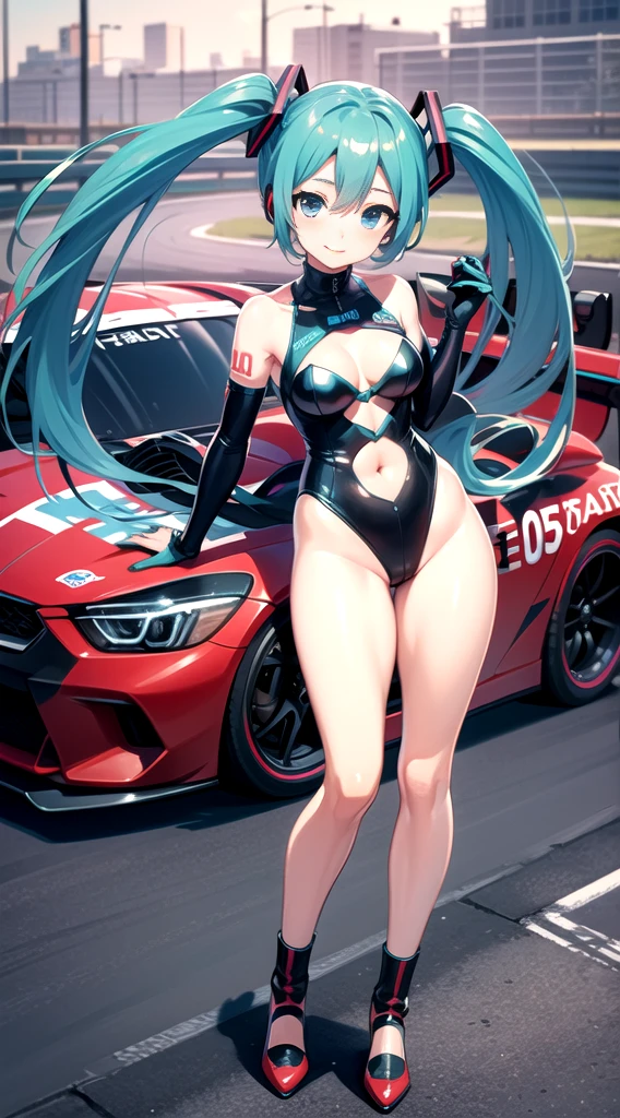 ((Hatsune Miku)), sexy outfit, twintails, high-leg leotard, stocking, high heels, ((race queen)), ((race circuit)), standing, sexy pose, high quality, high resolution, anime illustration
