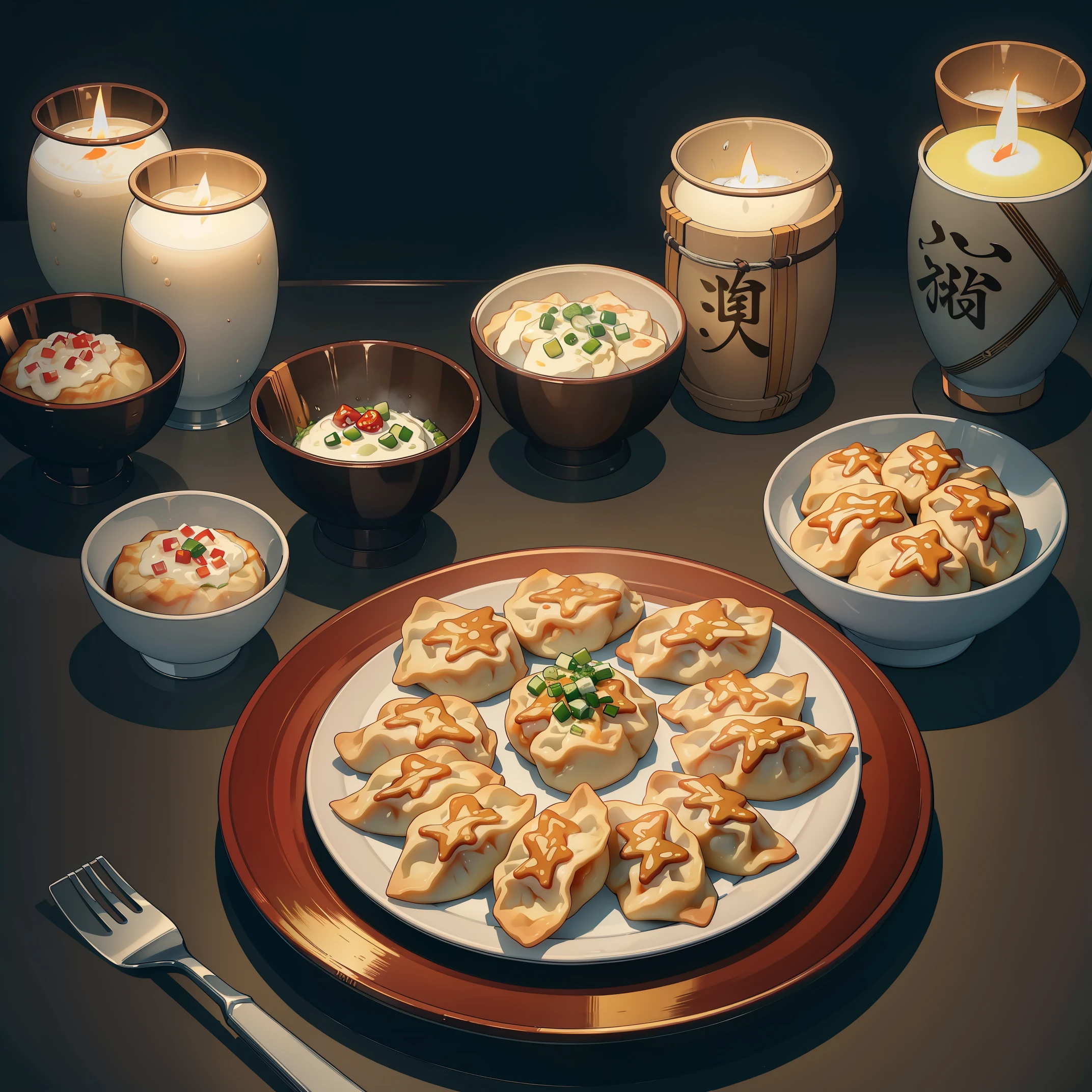 (in 8K, Raw photography, Best Quality, masutepiece: 1.2), high-definition RAW color photography, Professional Photography, Cinematic Light, (((Dining table with gyoza))), on a round plate, Gyoza arranged in a circle, Pile of sprouts in the center, Delicious steam, ((Hamamatsu Gyoza)), The artwork, Highly detailed, masutepiece, High quality, hight resolution, Professional Lighting,