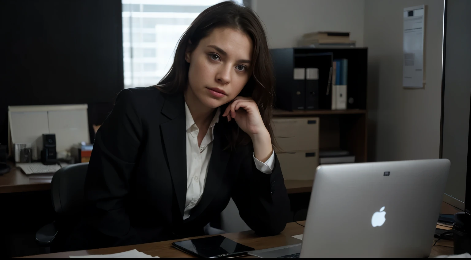 Establish a dimly lit office space, SARAH, 30s, weary, enters, bags under her eyes, signaling exhaustion, sleepy, working on her computer, black business suit, She stumbles towards her cubicle,8k ultra HD image, cinematic composition, realistic photograph, highly detailed image.