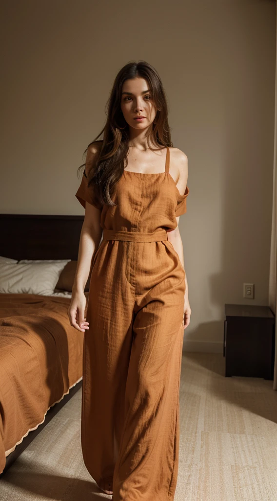 a woman standing in a bedroom wearing a dark orange linen  jumpsuit, warm cosy colors, jovana rikalo-emma andijewska-magdalena radziej-lucette barker merged, entire body visible, full body, hyperrealistic, real human skin, best quality, 8K, masterpiece, extremely intricate, detailed eyes, detailed face, detailed body, exaggerated features, pronounced features, fujifilm