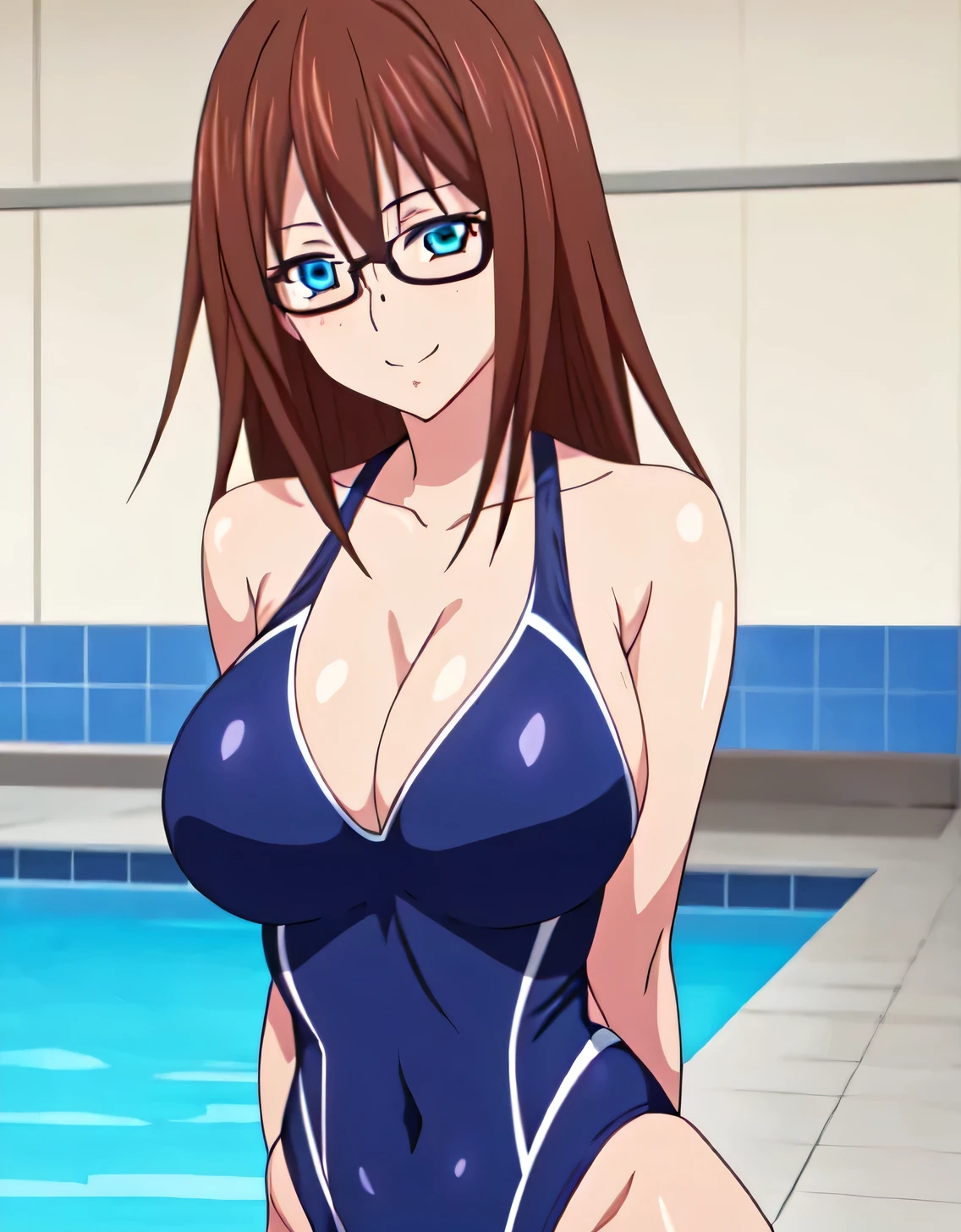 Shiny swimsuit,onepiece swimsuit,School Swimsuit,old School Swimsuit,blue onepiece swimsuit,Blue eyes,Brown hair, Long hair,Glasses,(Large breasts:1.5),Looking at Viewer,Standing,(((masutepiece))),((Best Quality)),Perfect Anatomy,8K UHD,extra detailed face,gloss and shiny,((1girl in)),((Solo)),(Beautiful detailed eyes:1.5),image perfect,(Upper body:1.1),(Look at the front:1.1),arms behind back,Slim waist,(lightsmile:1.1),Shiny hair,Indoor pool,