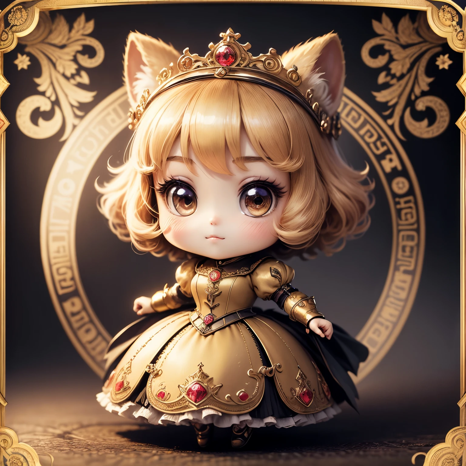 masterpiece、top-quality、ultra-detailliert、(chibi character princess:1.2)cigarette card, detailed portrait, Vintage Illustration, hight resolution, Realistic colors, Complex drawing, Old textures, Vibrant colors, Dramatic Lighting, Full body shot, Luxuriously decorated gold-based dress,wanted poster