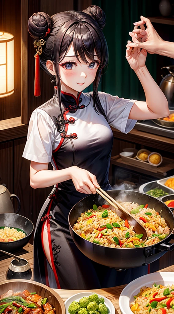 top-quality、Chinese mother、Bun hair、qipao dress、Stir-fry fried rice in a wok with maximum heat