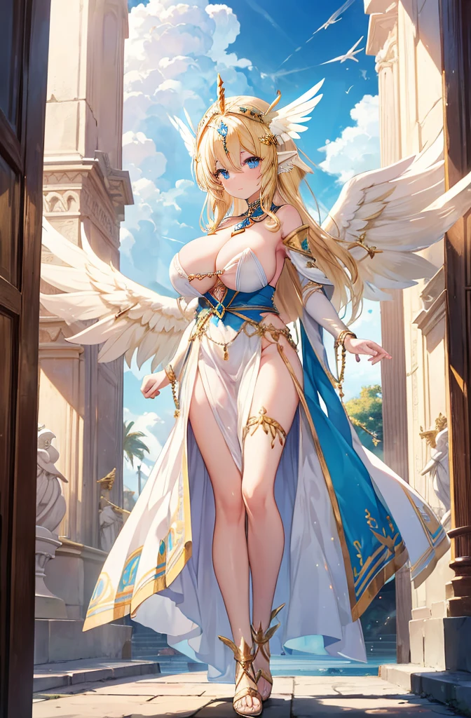 4k,hight resolution,One Woman,harpy,Bright blonde hair,Longhaire,Bright blue eyes,huge tit,Bright white wings,Golden toenails,high priestess,valkyrie,Goddess dress,Winged headgear,Angel Ring,jewel decorations,Temple in the Sky