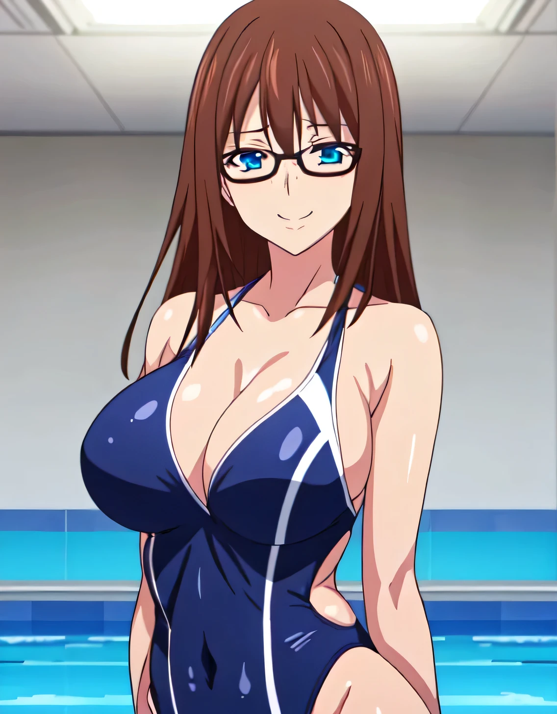 Shiny swimsuit,onepiece swimsuit,School Swimsuit,old School Swimsuit,blue onepiece swimsuit,Blue eyes,Brown hair, Long hair,Glasses,(Large breasts:1.5),Looking at Viewer,Standing,(((masutepiece))),((Best Quality)),Perfect Anatomy,8K UHD,extra detailed face,gloss and shiny,((1girl in)),((Solo)),(Beautiful detailed eyes:1.5),image perfect,(Upper body:1.1),(Look at the front:1.1),arms behind back,Slim waist,(lightsmile:1.1),Shiny hair,Indoor pool,