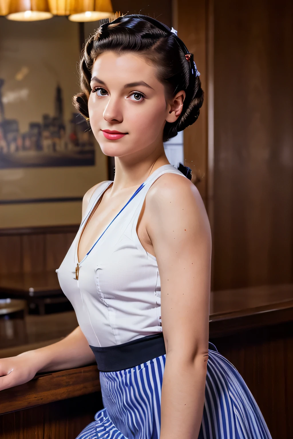 Full body portrait of Betty (1940s style, sailor dress, Highly detailed:1.3), (Highly detailed face:1.8), (Pompadour hairstyles in the 1940s:1.3), (Slim body, Small breasts, small hips:1.5), (Leaning against the bar:1.5), (dark backgrounds, old, Big band bars in the 1940s:1.4), (soft studio lighting, volumetric shadow), JCH Street Pan, ISO 100