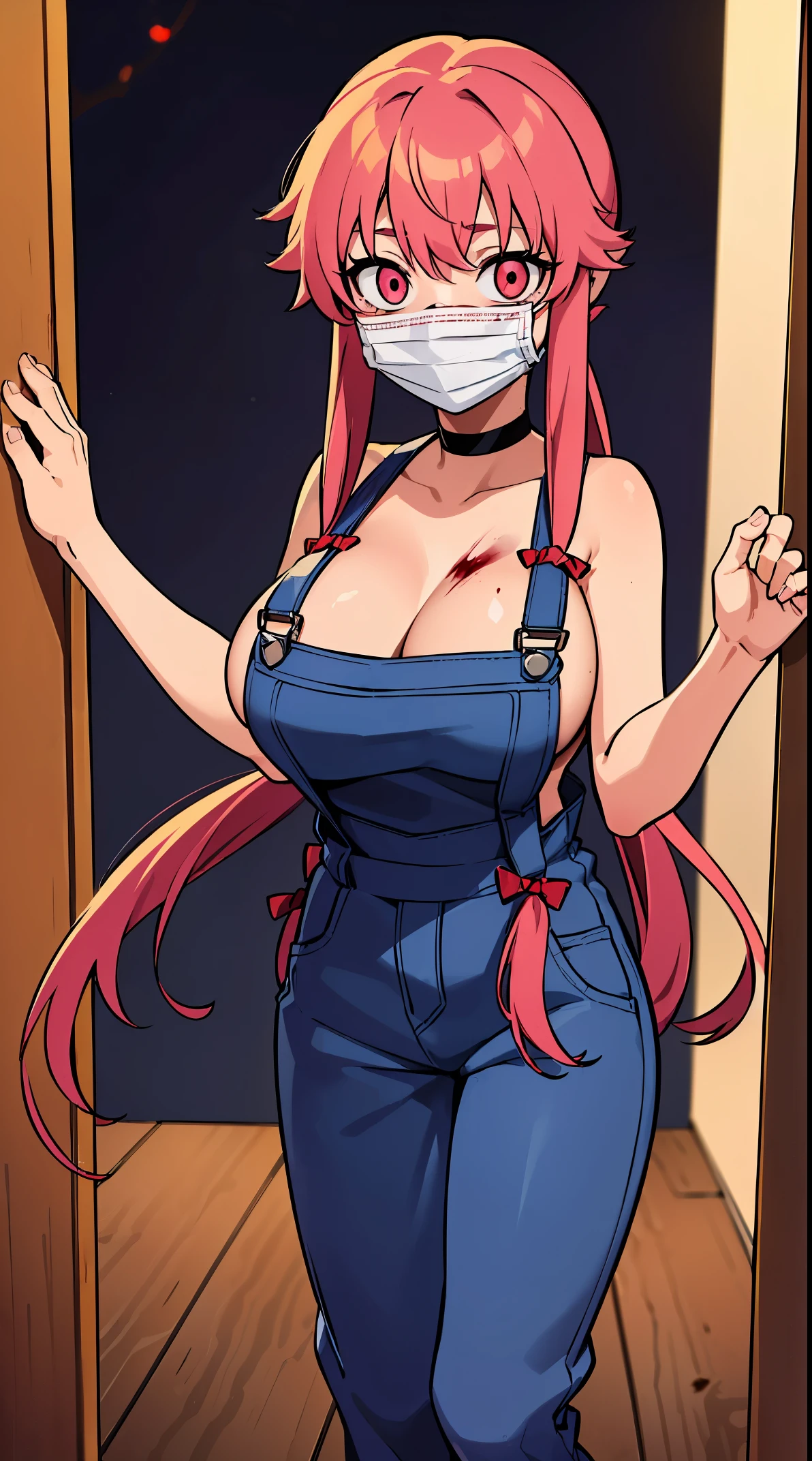 anime_still, masterpiece, best quality, 1girl, Gasai Yuno, long hair, pink hair, low twintails, smile, naked, red eyes, (large breasts:1.5),1girl, black choker, dark grey, (overalls:1.25), leather gloves, black boots, ((nigth:1.5)), (chasing you through the woods BY yuno gasai), moonlight, blood on floor, horror scane, (horror movie post:1.5) (evil eyes:1.6), (horror_movies:1.5), (woods:1.6),(dark:1.7), (out_boorlood on hands:1.5), (blood stain:1.25), (black face mask:1.25)