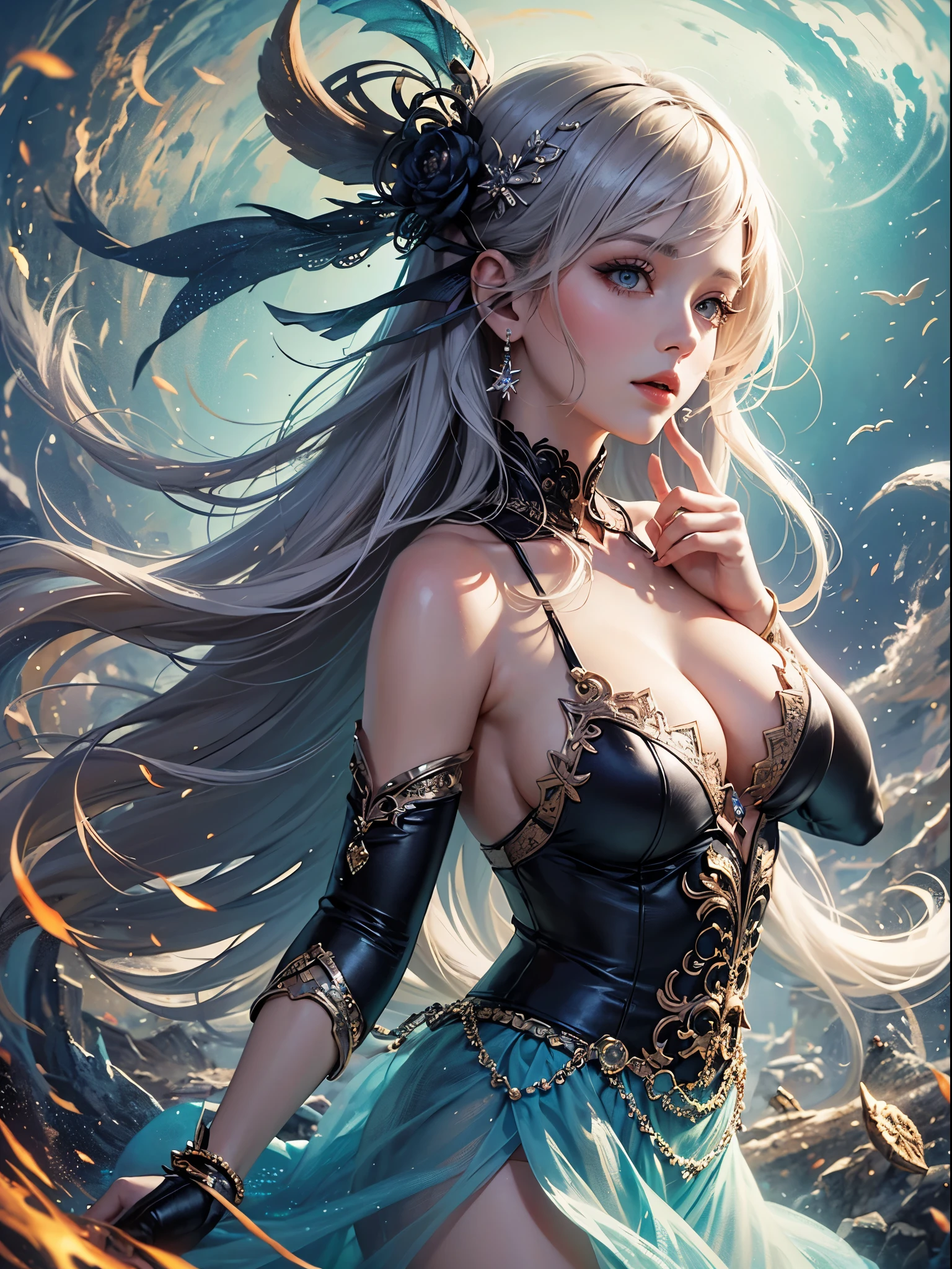 art, Unity 8k壁纸, Ultra-detailed, Beautiful and aesthetically pleasing, (s fractal art: 1.3),  flower, girls, (Hairstyles: Long hair) Ocean, Extremely detailed, Cowboy shot, The most beautiful, Seafoam, Buble, cute big breasts, ultra quality, random background, random dress, --auto --s2