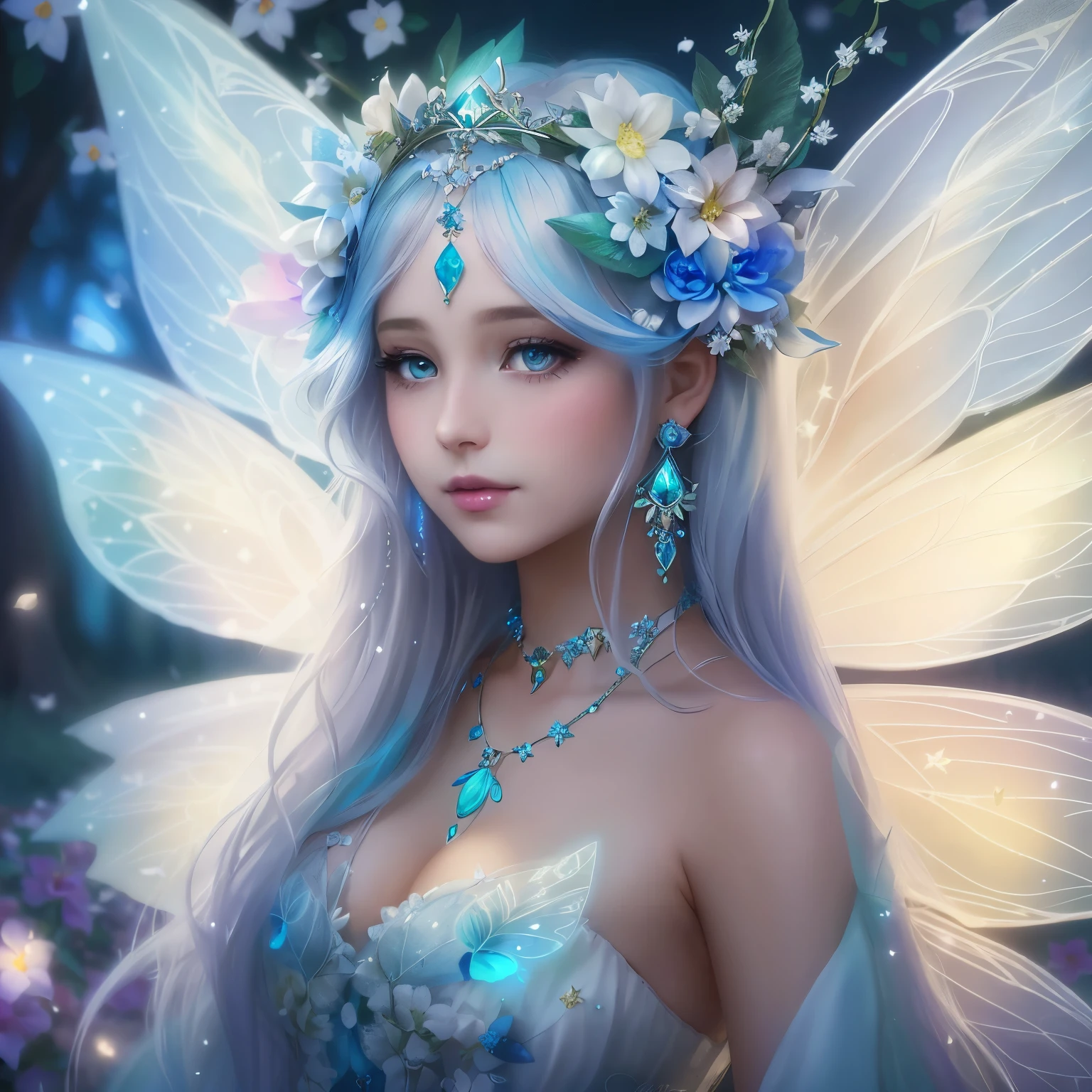 beautiful fairy, portrait of a fairy, Close-up of a girl with a flower crown on her head, white colored hair, white bangs, Cyan eyes, Neon blue dress, blue decorations, white wings, Beautiful glow, beautiful fantasy art, fantasy art style, beautiful fantasy art, digital fantasy art, portrait of a fairy, beautiful fairies, beautiful fairy, 8k high quality detailed art, As the Fairy Queen, Fairytale aesthetics