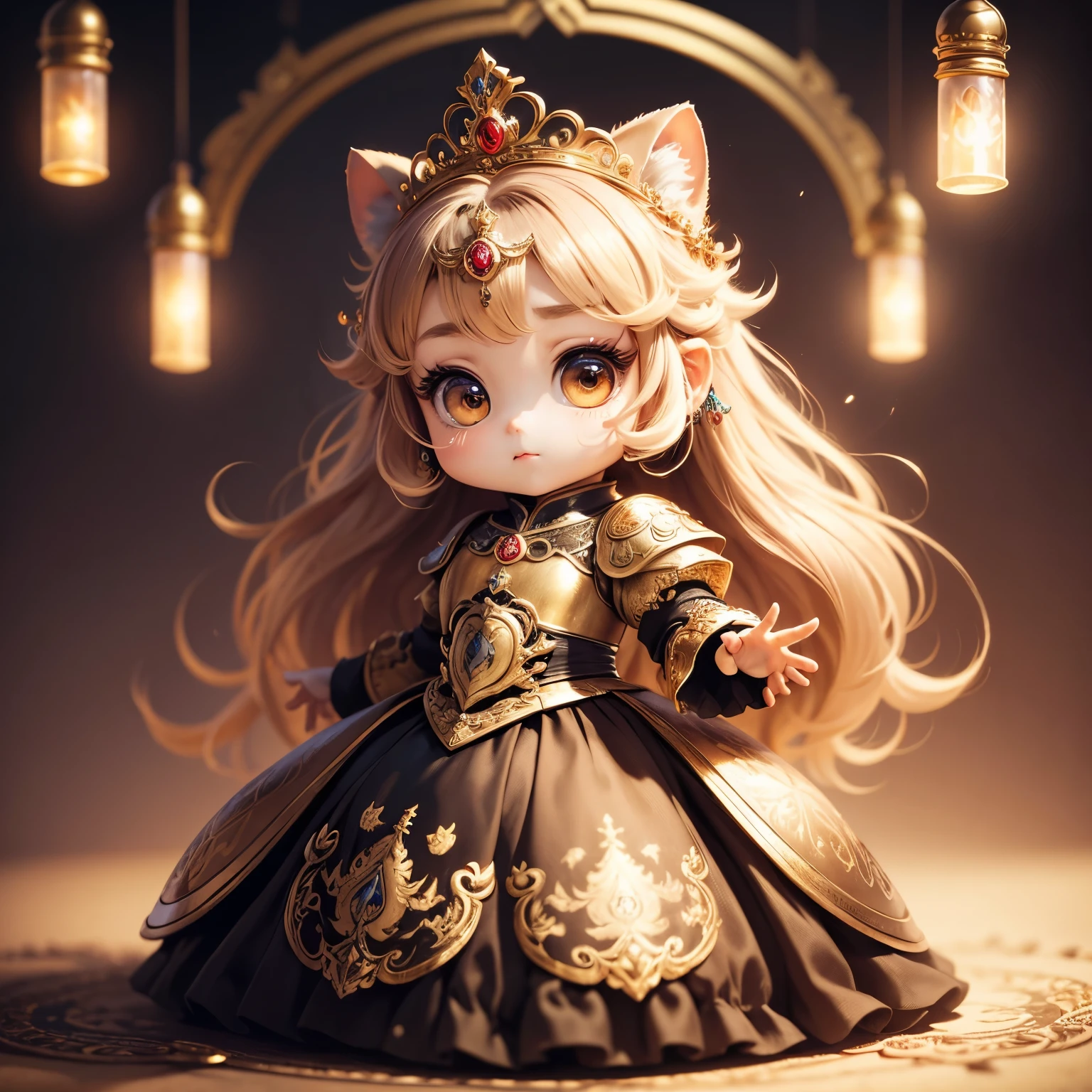 ​masterpiece、top-quality、ultra-detailliert、(chibi character princess:1.2), detailed portrait, Vintage Illustration, hight resolution, Realistic colors, Complex drawing, Old textures, Vibrant colors, Dramatic Lighting, Full body shot, Luxuriously decorated gold-based dress,