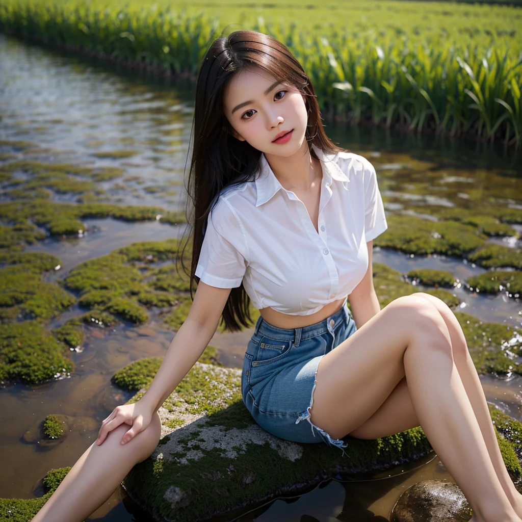 1 beautiful Thai girl, Old and torn shirt, Seeing the breasts, Seeing the nipples, Wear a white shirt., long-haired, 8K clarity, sitting in the middle of a rice field