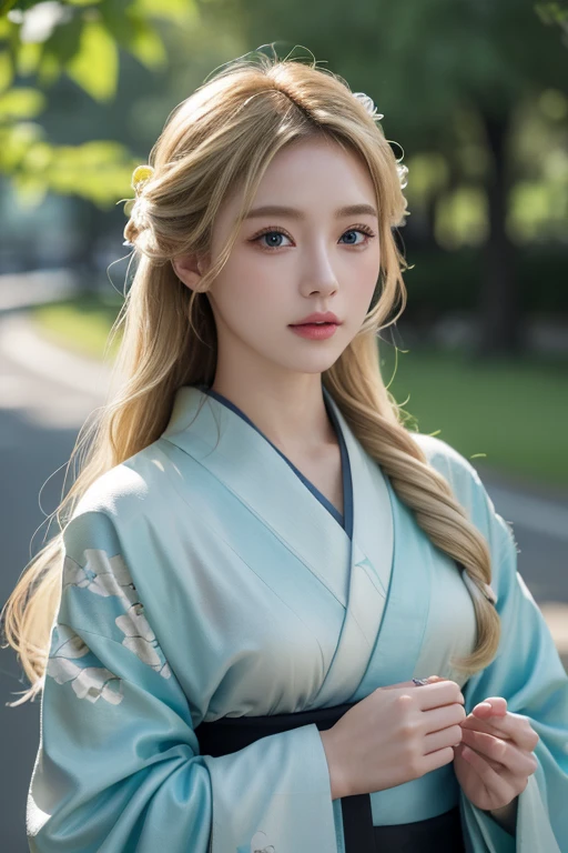 A hyper-realistic、real capture、high détails、High resolution 16K human skin close-up、natural skin textures、Pores can be clearly identified、Mix4、20d、SOLO、full bodyesbian、lookatviewerー、(8K、RAW capture、Highest image quality1)、(realphoto2)、(realphoto:1. 37), Professional Writing, photon maping, Radio City, Physically Based Rendering, ((kimono)), Beautiful blonde hair, ((French Twist Hair)), semi long hair, blue eyess, (lookatviewer),Landscape painting