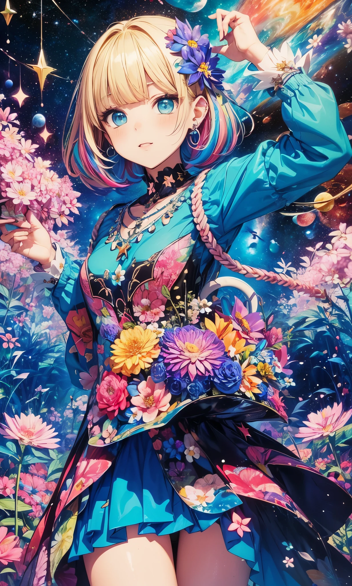 Melody Mark,top-quality、masutepiece、1womanl、独奏、(abstract art:1.4),(Psychedelia Theme:1.6),(Gunjo World:1.5),(Lots of creatures:1.5),(Space world:1.5),(At the center of the world is the most beautiful woman in the world),(many stars are falling:1.5),A ray of light spreads,Crystals spreading from the center,prisma(Nostalgic landscapes:1.5),(colorful flower:1.5),Garden Girl,absurderes, ultra-detailliert,bright colour, extremely beautiful detailed anime face and eyes,Short hair,asymmetrical bangs, Blonde hair with short twin tails, Shiny hair, Delicate beautiful face, red blush、Blue eyes, White skin, hair clips, earrings, a necklace,