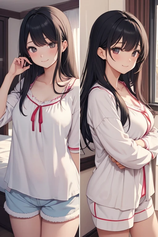 //Character
1girl, newlywed woman, slim and soft, medium large breast, ultra detailed face, super cute, innocent, pear-shaped face, thick eyeblow, sparkly pupils, translucent skin, smiling full of compassion, black hair, straight long hair , straight bang,
BREAK
//Fashion
Her outfit is sleepwear, fluffy pajamas, fluffy shorts, stunning tighs,
BREAK
//LOCATION
bed room , at home filled with warm air
BREAK
// behavior
sleeping on her side, looking at viewer grinning, her hair is wet after taking a bath