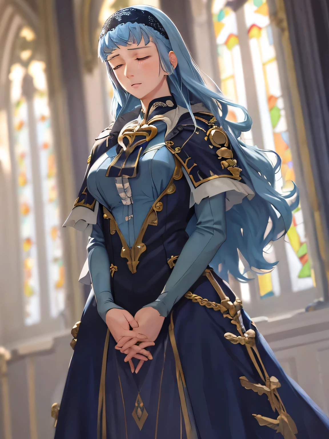 masterpiece, best quality, marianne_hopes, long hair, blue dress, capelet, hairband, cathedral, dark, stained glass, standing, closed eyes, praying, hands held together