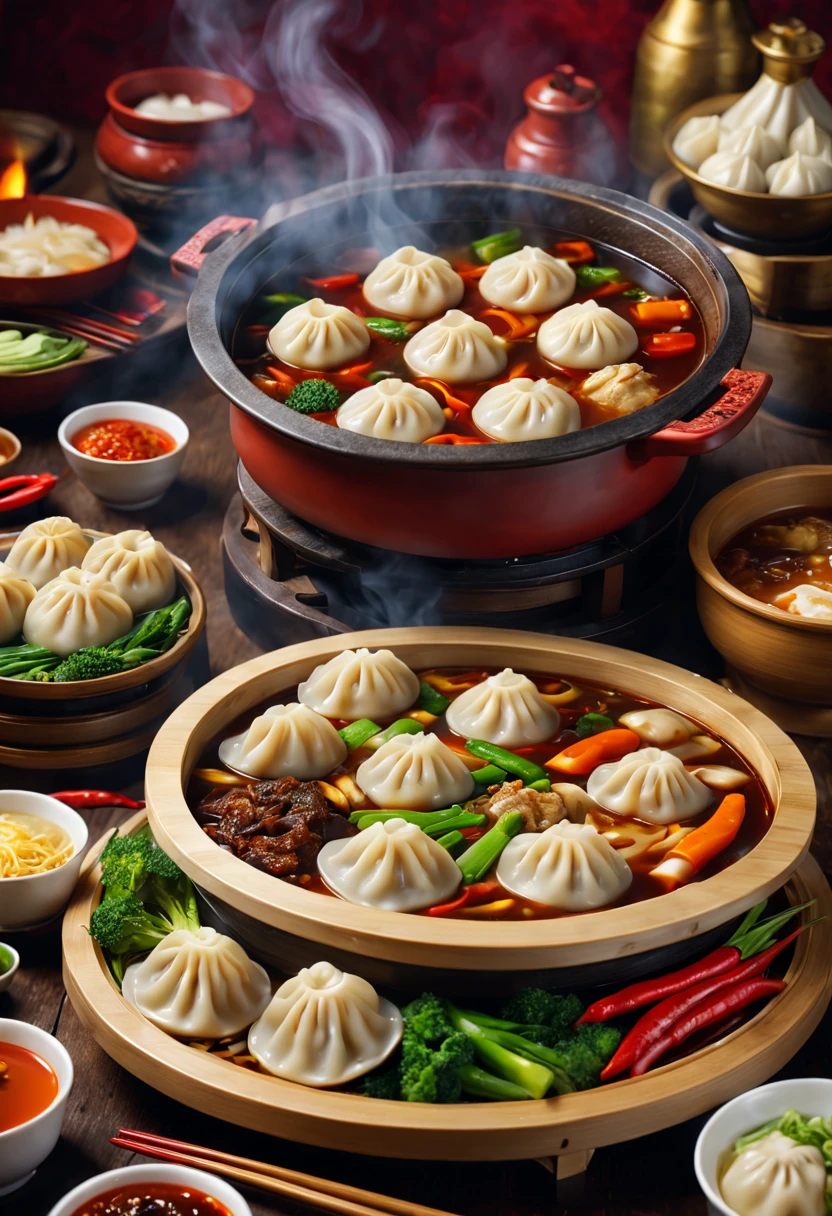 best quality,realistic,ultra-detailed,highres,(Chinese dumpling hot pot,traditional,detailed:1.1),vivid colors,studio lighting,portrait,bokeh,delicious food,elaborate condiments,steaming hot,assorted dumplings,rich broth,fresh ingredients,abundance of vegetables,spicy and flavorful,authentic Chinese cuisine,enticing aroma,mouthwatering presentation,traditional red and gold decor,lively dining atmosphere,social gathering,exquisite culinary experience,pleasurable meal,shared enjoyment,memorable moments