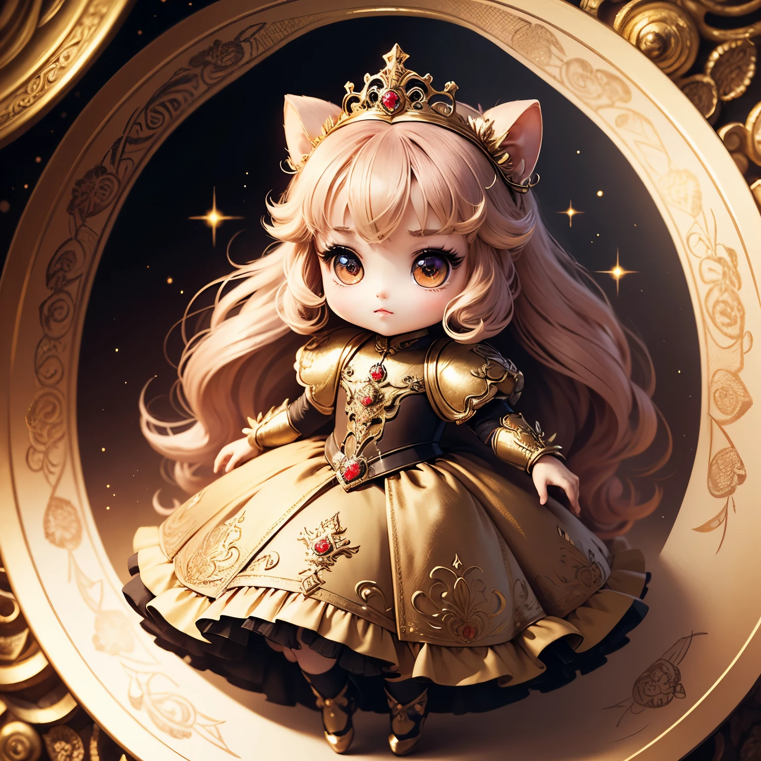 masterpiece、top-quality、ultra-detailliert、(chibi character princess:1.2), detailed portrait, Vintage Illustration, hight resolution, Realistic colors, Complex drawing, Old textures, Vibrant colors, Dramatic Lighting, Full body shot, Luxuriously decorated gold-based dress,Christmas tree