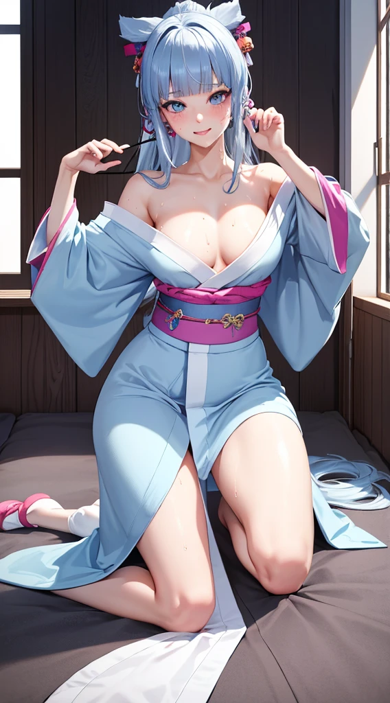 Character Details:, - Gender: 1 Girl. - Style: Anime, - Body Type: Attractive body, slim body, nice legs, slim tights, nice arms, nice shoulders. - Breast: (Small Breast:1.1), (Cleavage), (Nipple). - Facial Feature: Beautiful, Gorgeous, Teenager, Fresh, Young. - Expression: Shy, Smile, Horny, Pink Blush on Face, Sexy Eyes, Sexy Look, (Sweating:1.4), Innocent Look, Tipsy. - Hairstyle: Blunt Bangs, Long Hair. - Hair Color: (Light Blue Hair:1.5). - Clothing: (Kimono:1.6), (off-shoulder:1.3). - Body Pose: (Sexy Kneel Pose:1.4),. - Behaviour: Waiting, Want Something, Secretly. - Accessories: Earrings., Environmental Details:, - Setting: Bed Room., - Lighting: Natural Light., - Decoration: Modern Bed, Chair, Window, White Curtain, City View. Top view. pov, anime style, UHD, retina, masterpiece, accurate, anatomically correct, texture