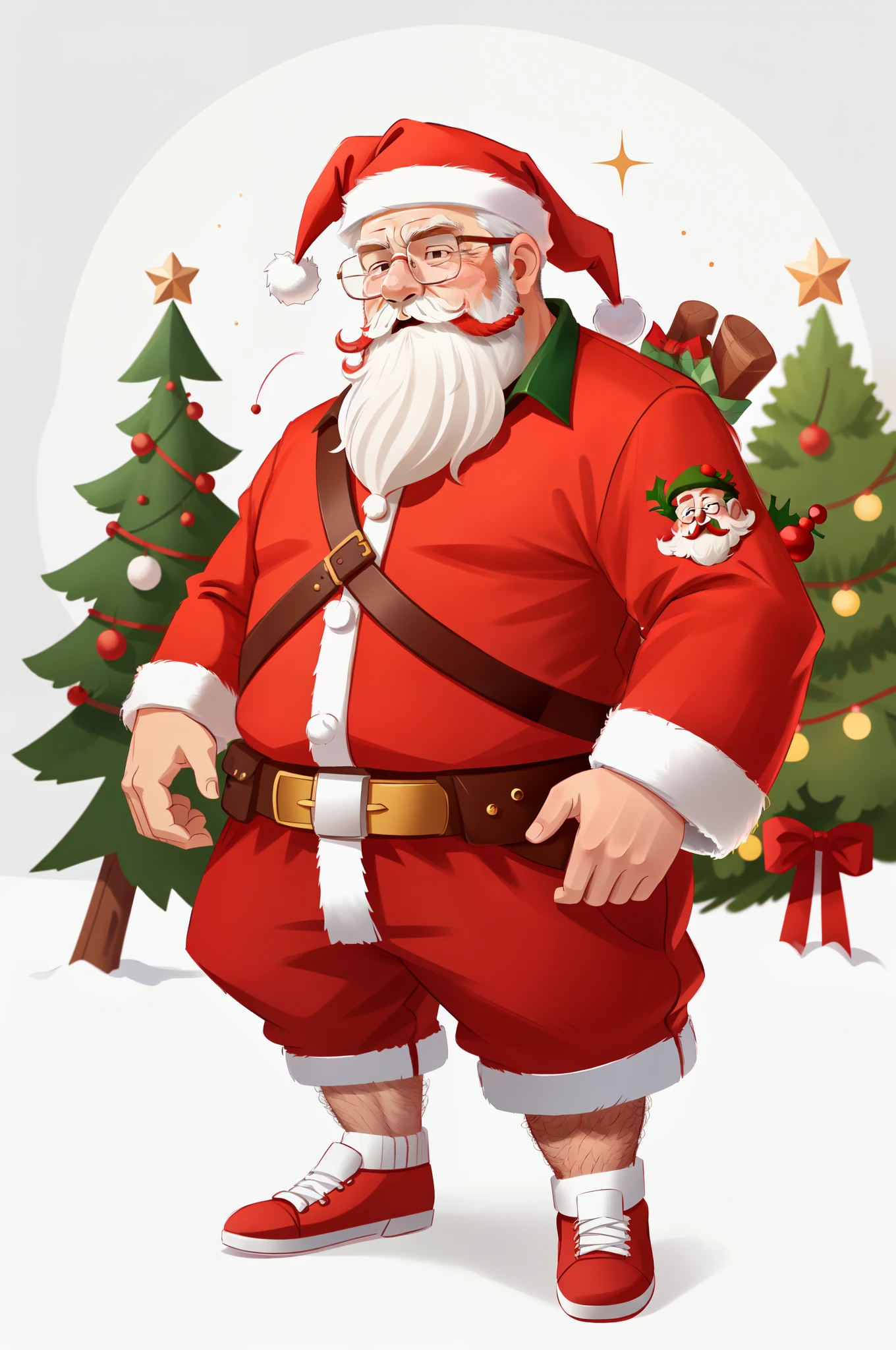 cute santa claus with a cute Christmas theme, with red winter hat and (((white beard))),glasses,kind eyes,vibrant red clothes,happy expression,rich texture in the beard,wrinkles on the face,wise look,white eyebrows,rosy cheeks,sparkling eyes,fine details,crisp focus, as a sticker