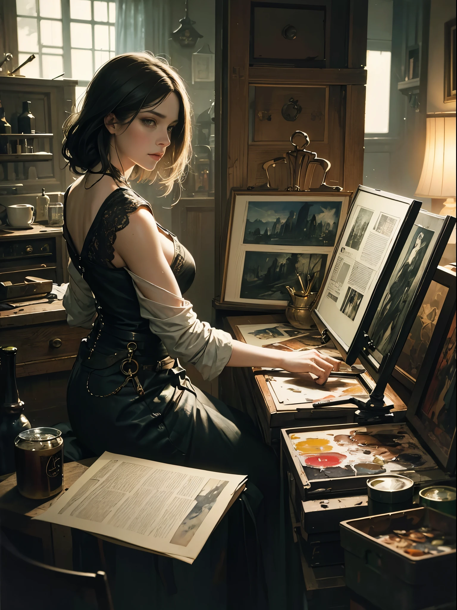 painting of a woman, with influence of Jeremy Mann, Jeremy Mann, style of Jeremy Mann, Jeremy Mann painting, Jeremy Mann art, Ron Hicks, Liepke, Jeremy Mann and alphonse mucha, Works that influenced Edmund Blampid, robert lenkiewicz, Casey Boe and James Jean, Inspired by Willem Kalf, Nick Alm, Tumbler, figurative art, Intense watercolor painting, watercolor detailed art,expressive beautiful painting, a beautiful artwork illustration, very colorful tones, Fantastical, Cool Beauty, Best Quality,Official art, Female Solo, sharp outline, a gloomy, nostalgia, Eyes without pupils, color eye, Ideal girlfriend, In search of lost time, Best Shots