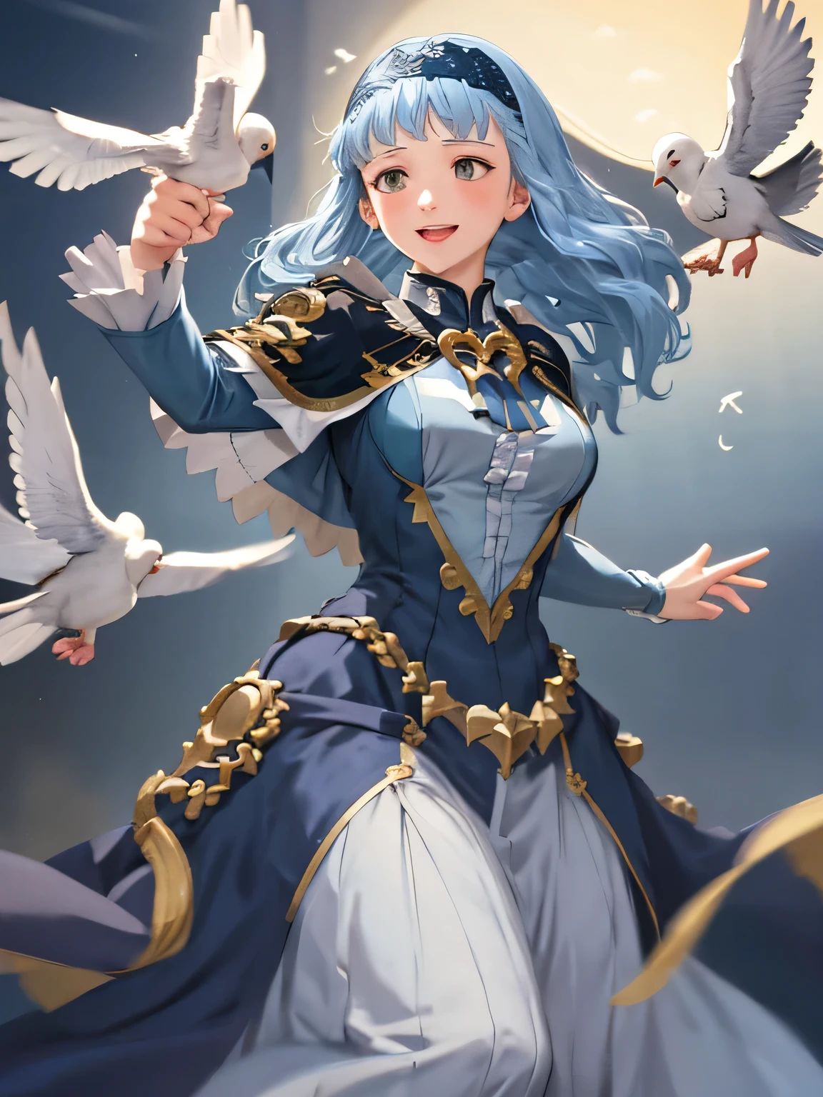 masterpiece, best quality, marianne_hopes, long hair, blue dress, capelet, hairband, standing, smiling, reaching out towards a white dove, bird