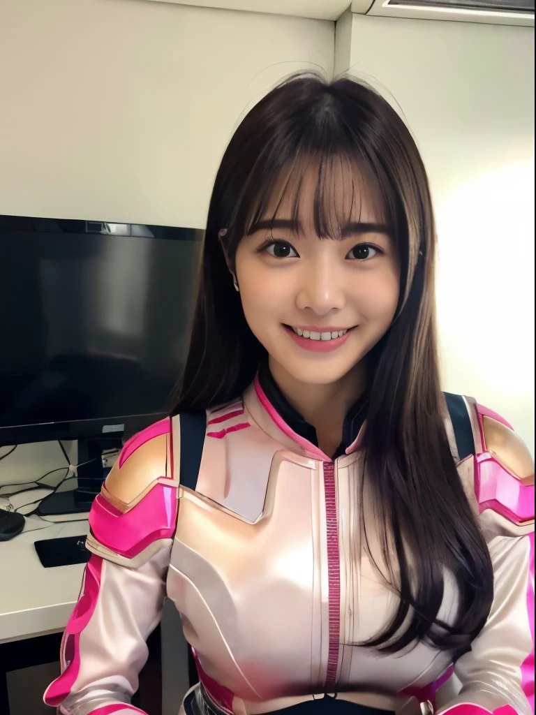(ultra best quality、8K、masuter piece、delicate illustration、Stand kneeling、wetting hair、A beautiful and bewitching Japanese 25-year-old woman、perspiring、Hands hide)、(Shocking pink and white metallic hero suit with a futuristic fit:1.2) 、(Very plump body 1.1、Super Big 1.2)、smiling at the viewer、A dark-haired、s Office