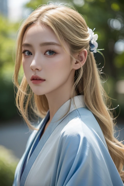 Ultra realistic, real capture, high detail, high resolution 16K human skin close-up, natural skin texture, pores finely identifiable, Mix4, 20d, SOLO, full body, look-at viewer, (8K, RAW capture, highest quality 1), (Real Photo 2), (Real Photo: 1. 37)), professional lighting, photon mapping, radiosity, physics-based rendering, ((Kimono)), beautiful blonde hair, ((French twist hair)), blue eyes, slightly pointed ears ,(look-at viewer), ((landscape))