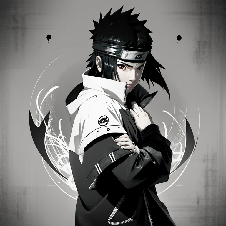 Make the image of Sasuke Uchiha how is it in the manga, image, in black and white and black jacket