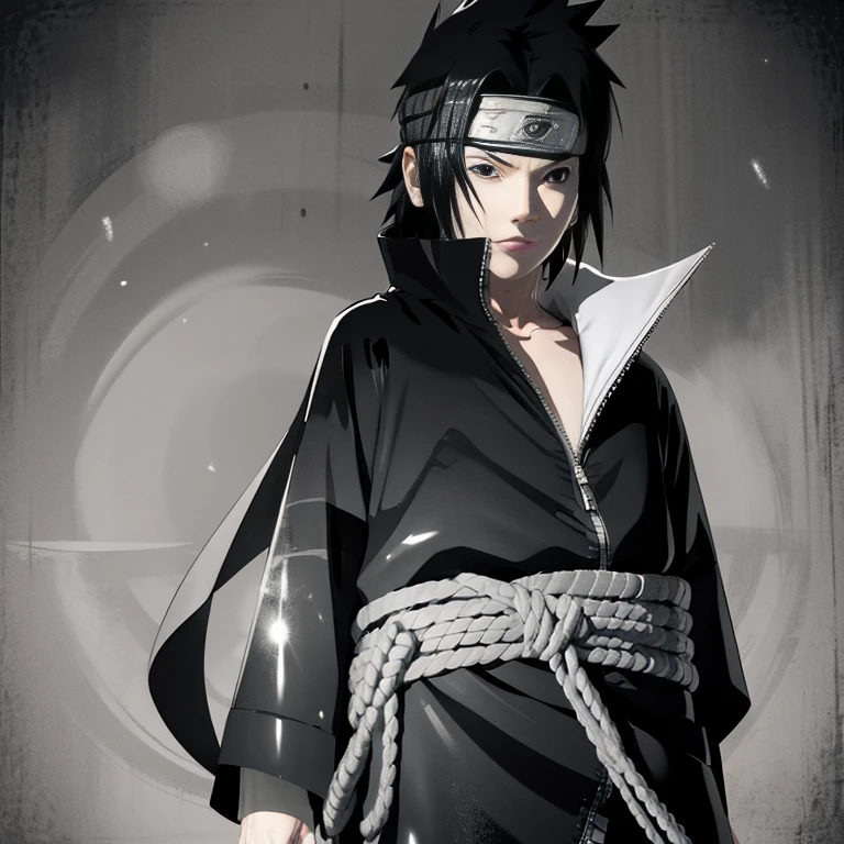 Make the image of Sasuke Uchiha how is it in the manga, image, in black and white and black jacket